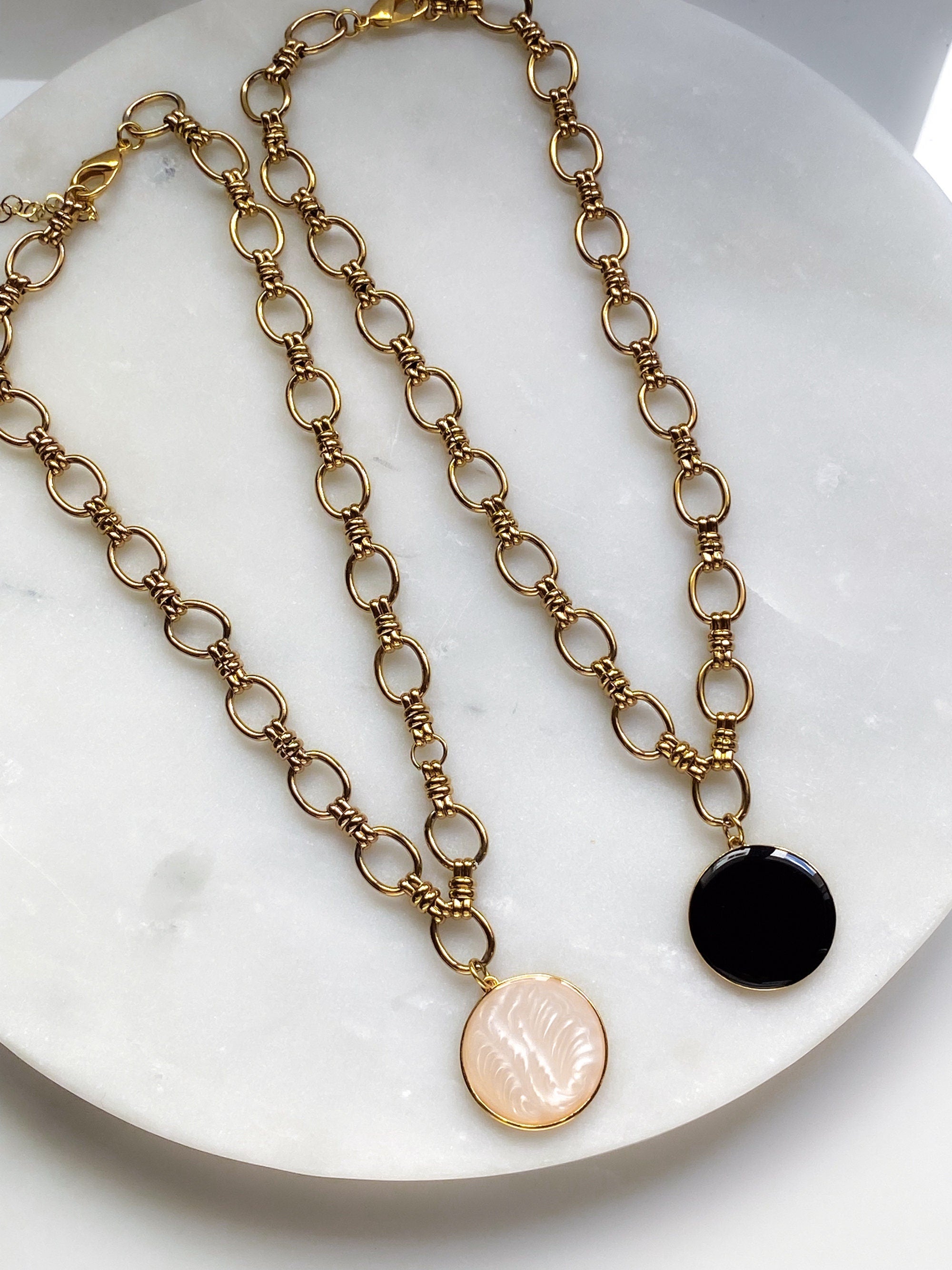 Chunky Chain Necklace with Big Round Charm, White Coin Pendant Necklace, Gold Chain necklace, Anniversary Gift for Her, CYBELIA