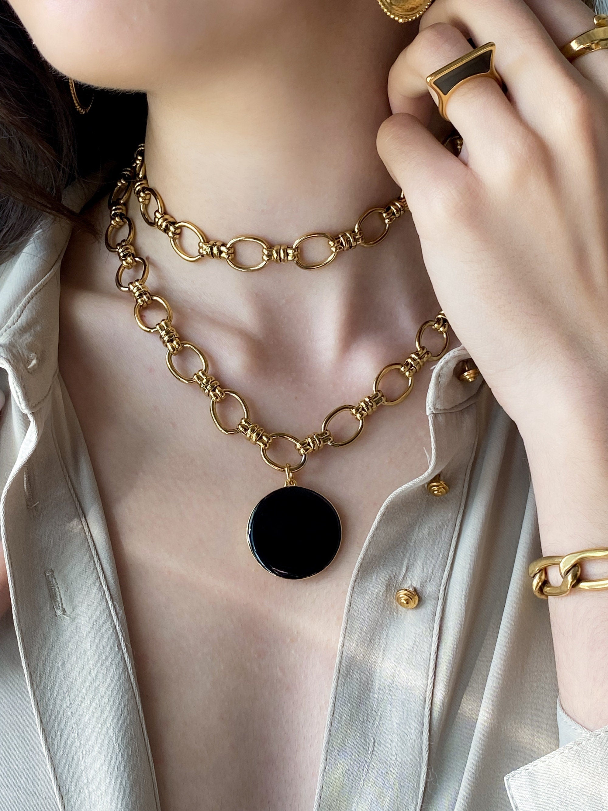 Chunky Chain Necklace with Big Round Charm, White Coin Pendant Necklace, Gold Chain necklace, Anniversary Gift for Her, CYBELIA