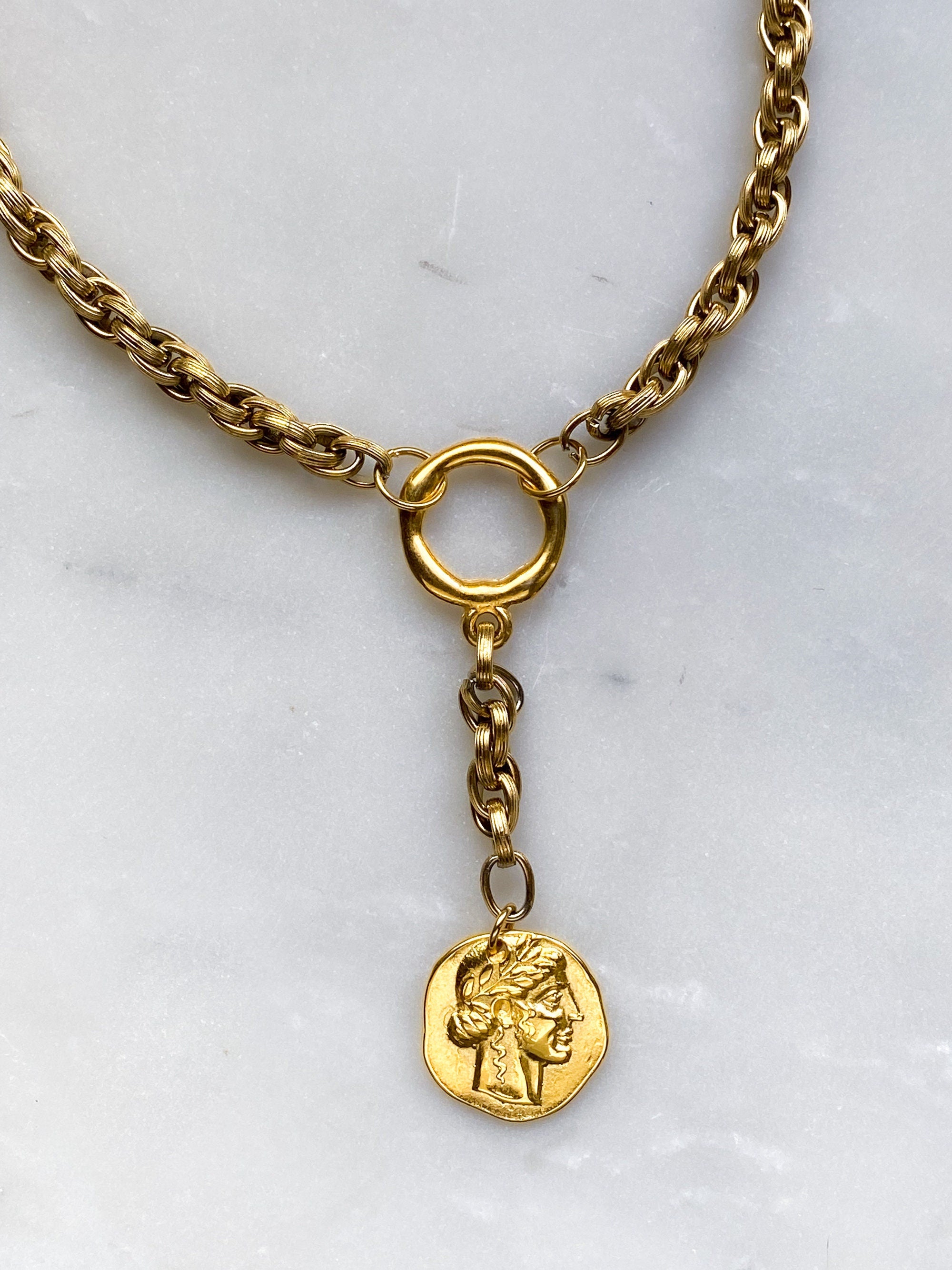 Y Coin Necklace Greek Athena Goddess Coin Pendant Gold Heavy Chain Lariat Necklace Vintage Style Necklace Anniversary Gift for Wife, GAYA