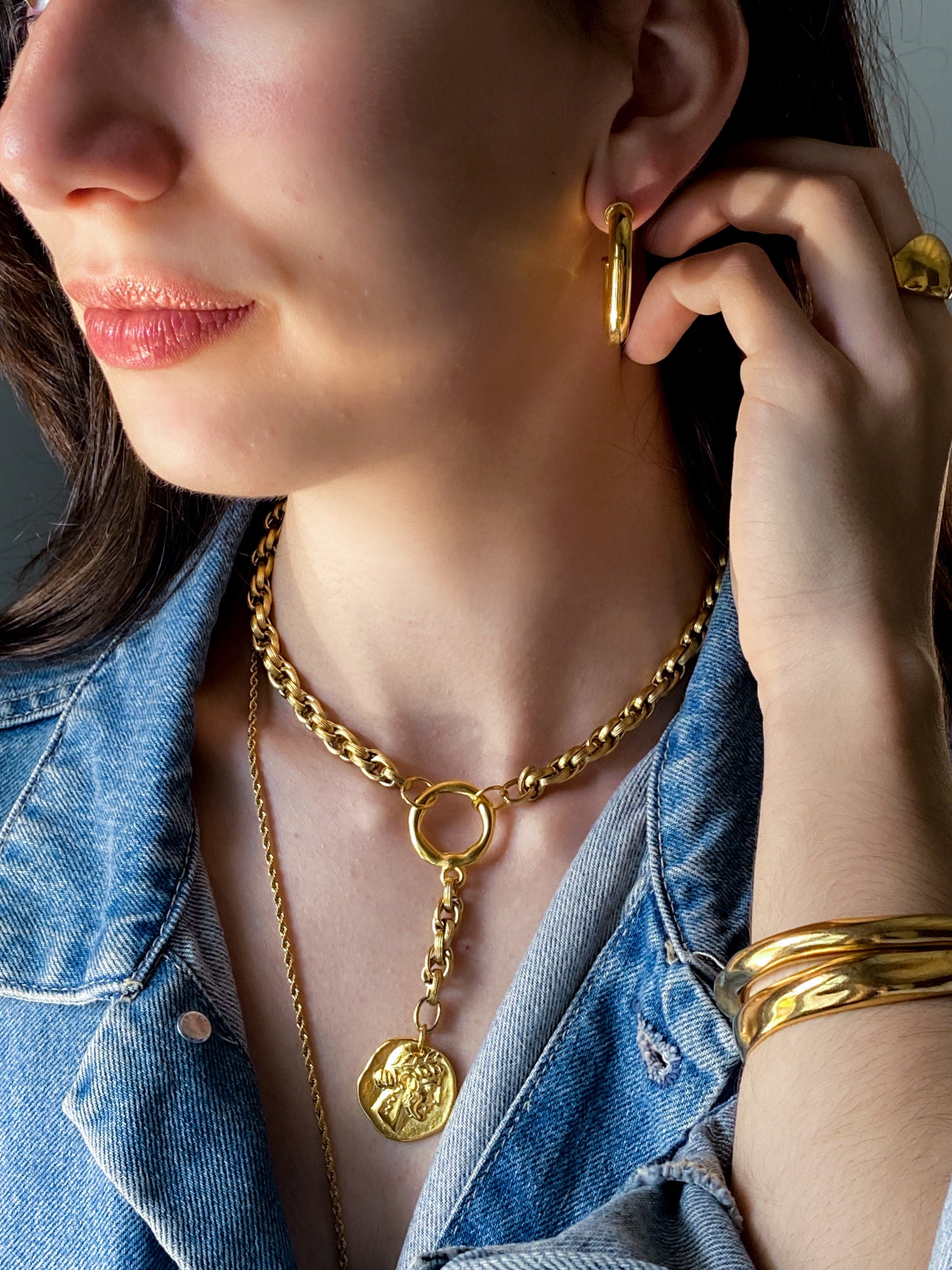 Y Coin Necklace Greek Athena Goddess Coin Pendant Gold Heavy Chain Lariat Necklace Vintage Style Necklace Anniversary Gift for Wife, GAYA