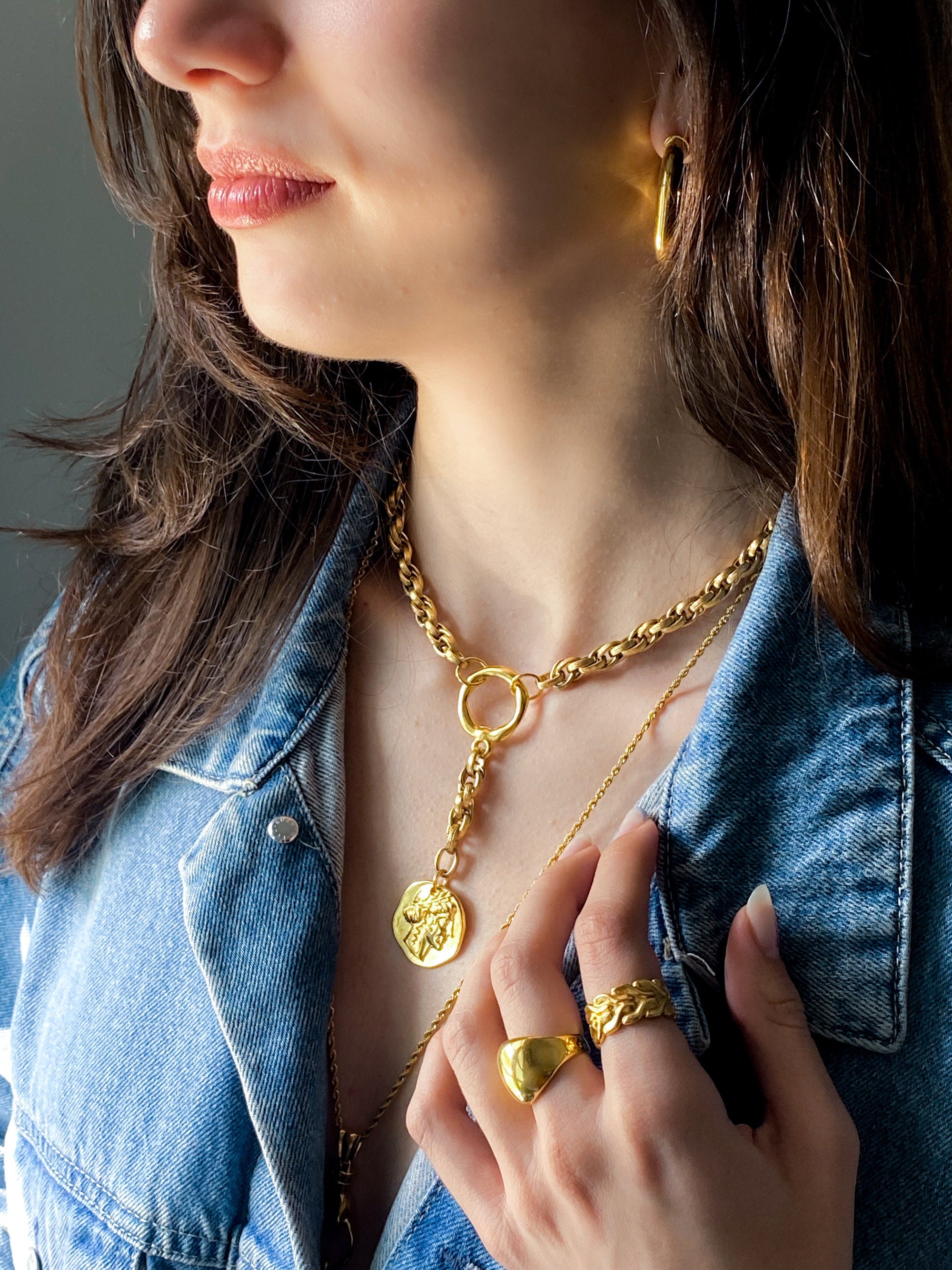 Y Coin Necklace Greek Athena Goddess Coin Pendant Gold Heavy Chain Lariat Necklace Vintage Style Necklace Anniversary Gift for Wife, GAYA