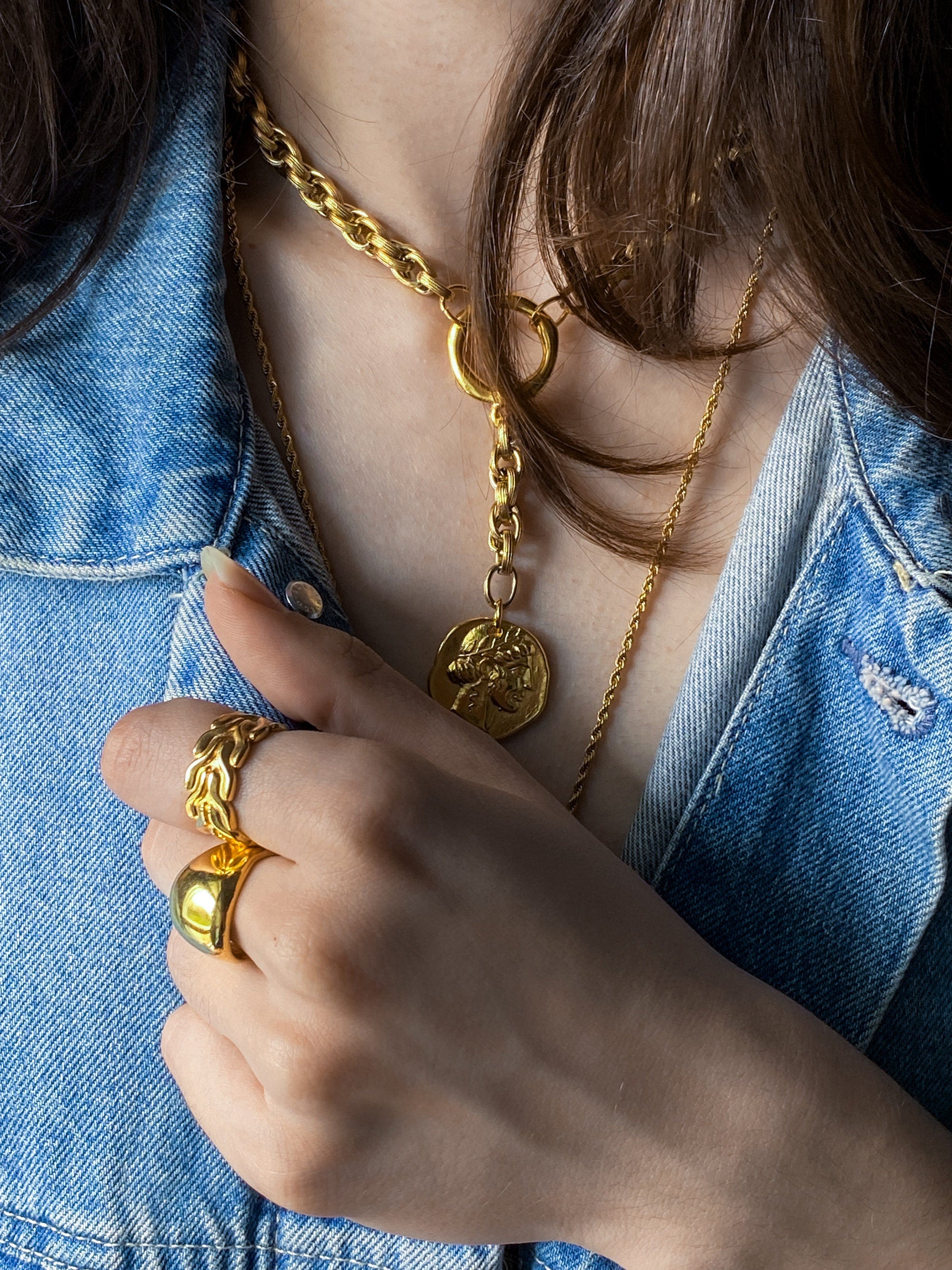 Y Coin Necklace Greek Athena Goddess Coin Pendant Gold Heavy Chain Lariat Necklace Vintage Style Necklace Anniversary Gift for Wife, GAYA