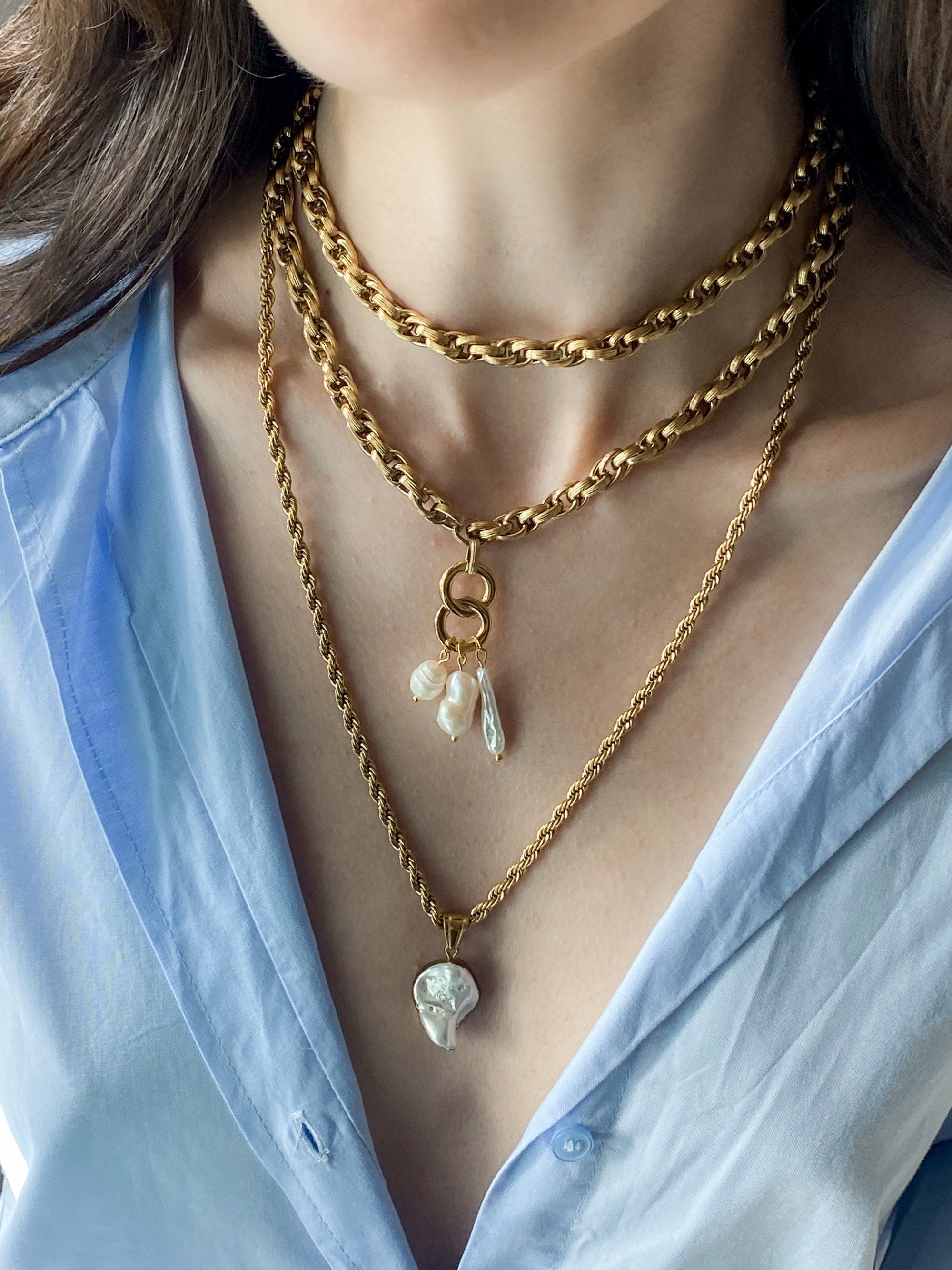 Pearl Necklace Pearl Charm Gold Chain Necklace Baroque Pearl Boho Bridal Necklace Wedding Anniversary Gift, Perlen Kettenhalskette, LEFKI