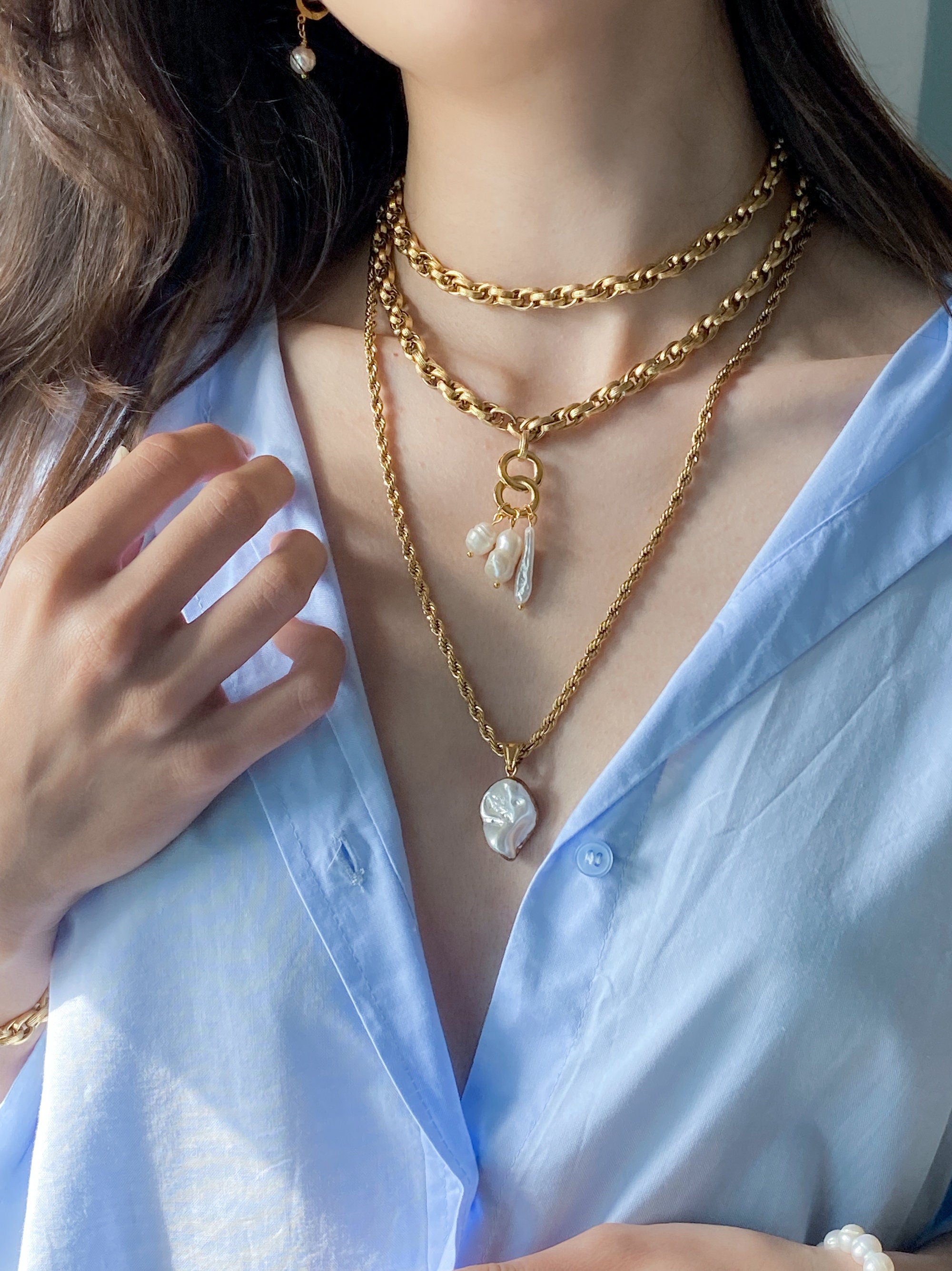 Pearl Necklace Pearl Charm Gold Chain Necklace Baroque Pearl Boho Bridal Necklace Wedding Anniversary Gift, Perlen Kettenhalskette, LEFKI