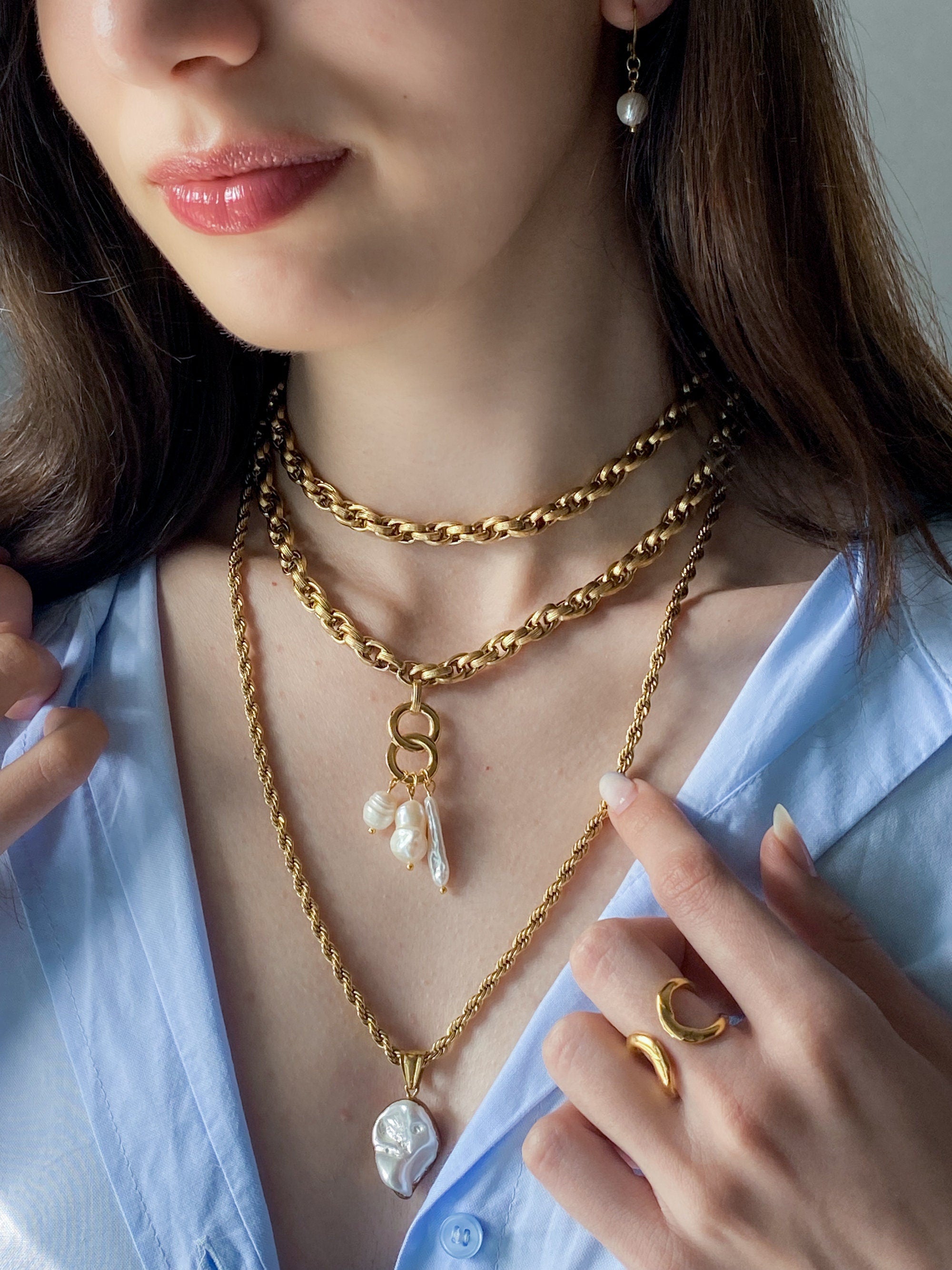 Pearl Necklace Pearl Charm Gold Chain Necklace Baroque Pearl Boho Bridal Necklace Wedding Anniversary Gift, Perlen Kettenhalskette, LEFKI