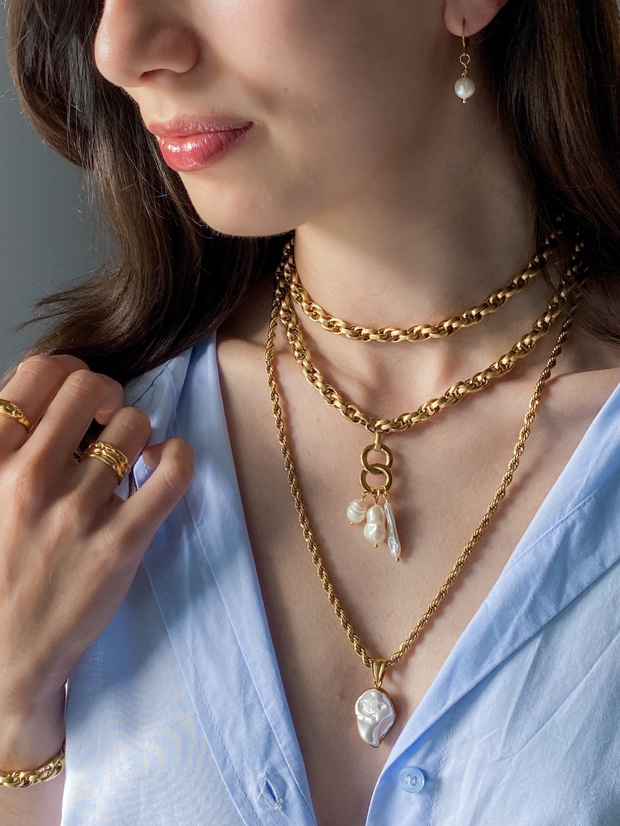 Pearl Necklace Pearl Charm Gold Chain Necklace Baroque Pearl Boho Bridal Necklace Wedding Anniversary Gift, Perlen Kettenhalskette, LEFKI