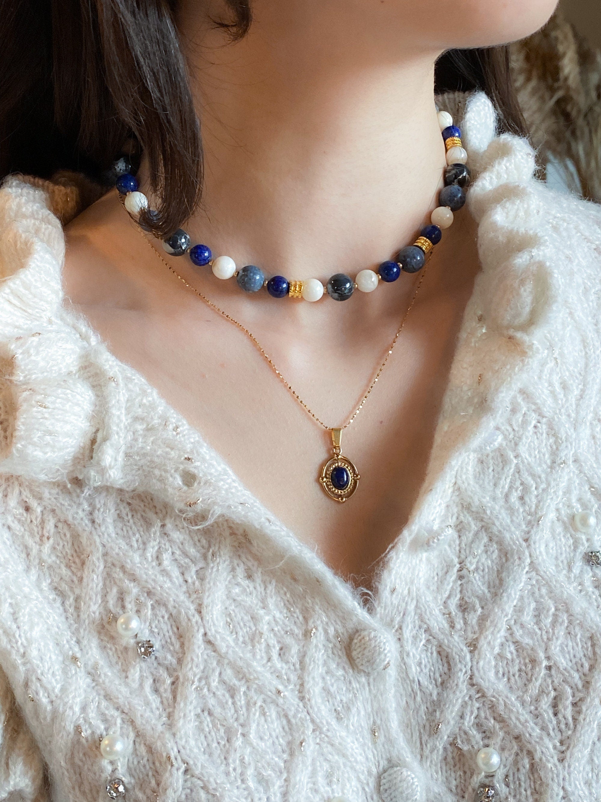Blue Stone Charm Necklace, Gift for Girlfriend, Dainty Gold Necklace, Vintage style Necklace, Boho Minimalist Pendant necklace, ISMENE