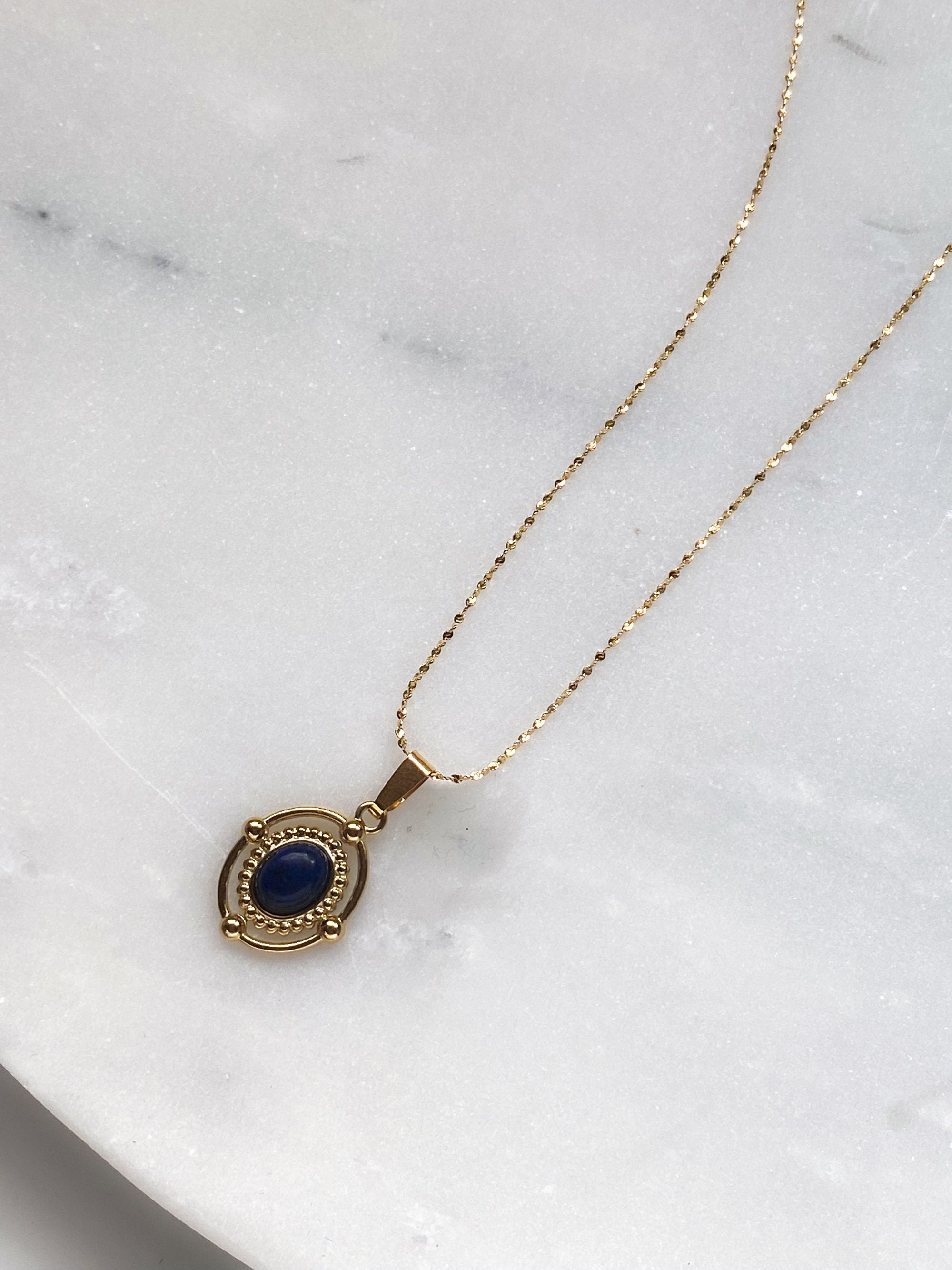 Blue Stone Charm Necklace, Gift for Girlfriend, Dainty Gold Necklace, Vintage style Necklace, Boho Minimalist Pendant necklace, ISMENE