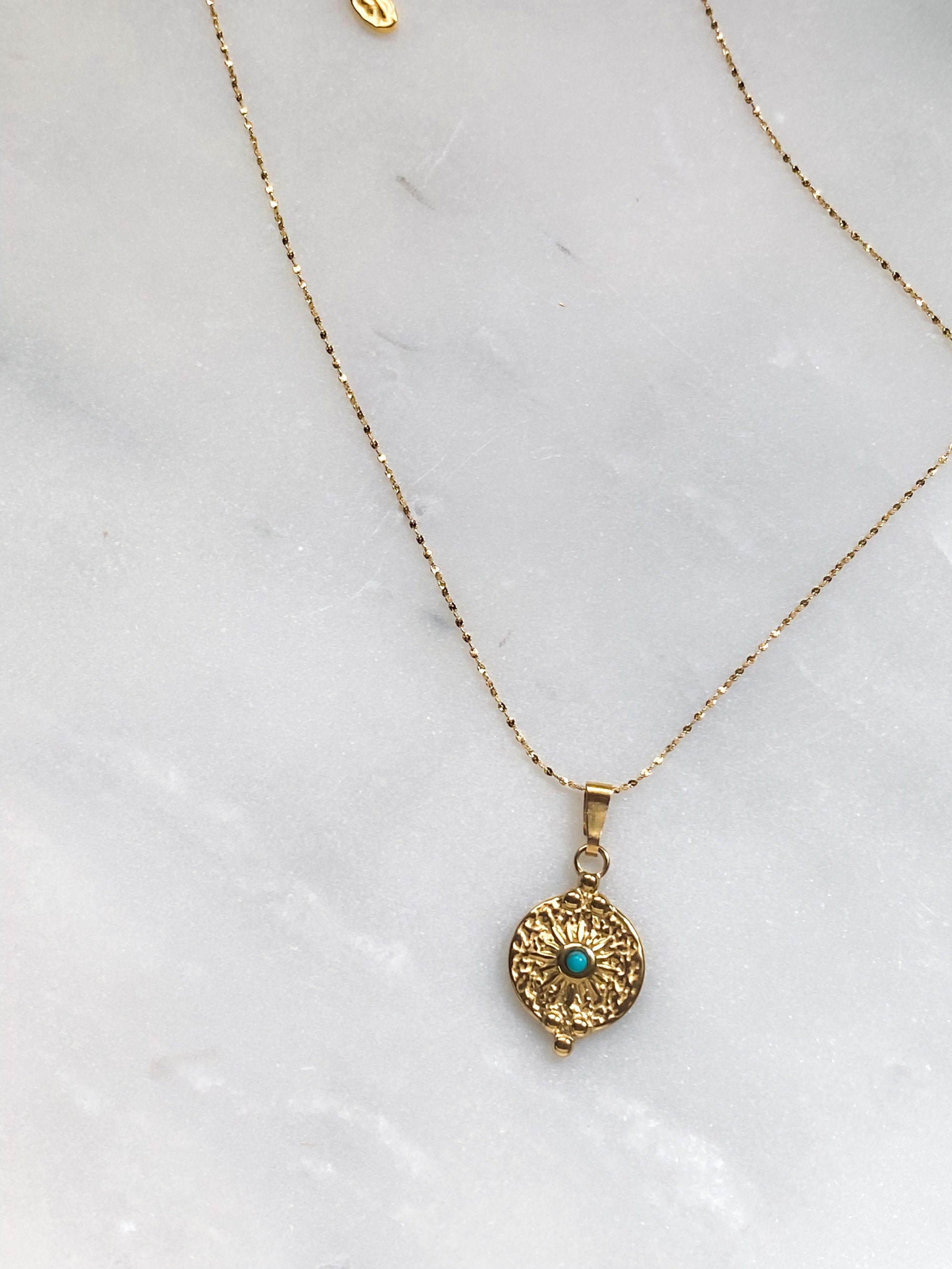 Ancient Style pendant necklace, Turquoise stone Charm Necklace, Dainty Gold chain Necklace, Vintage style necklace, Gift for Mum, ISOLDE