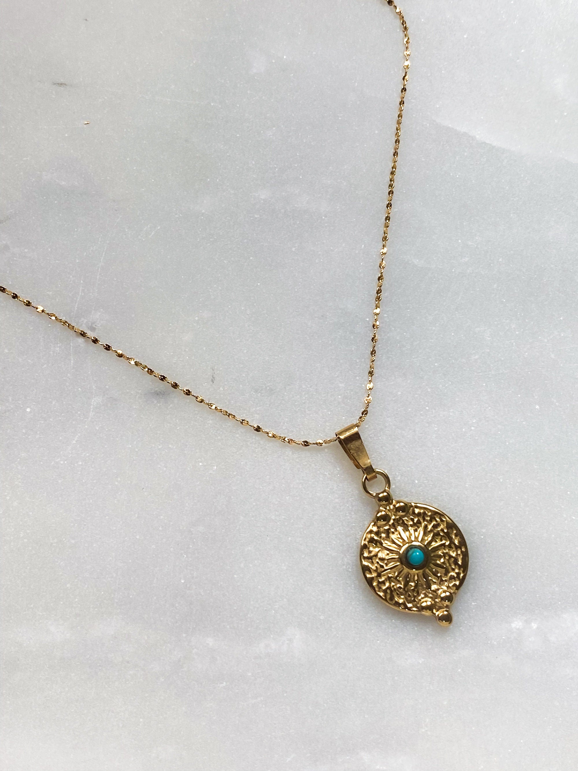 Ancient Style pendant necklace, Turquoise stone Charm Necklace, Dainty Gold chain Necklace, Vintage style necklace, Gift for Mum, ISOLDE