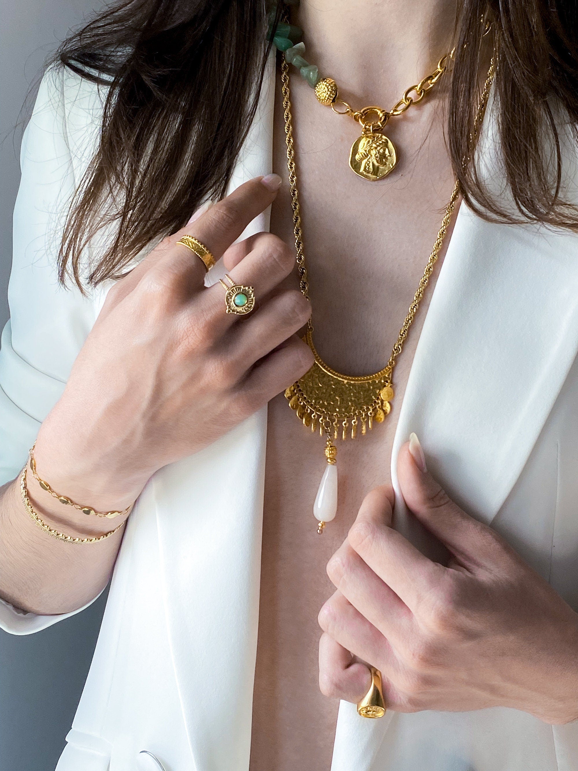 Green aventurine necklace with ancient gold coin, Handmade gift for mum, Gold chain spring clasp necklace, Birthday gift for her, AELLE