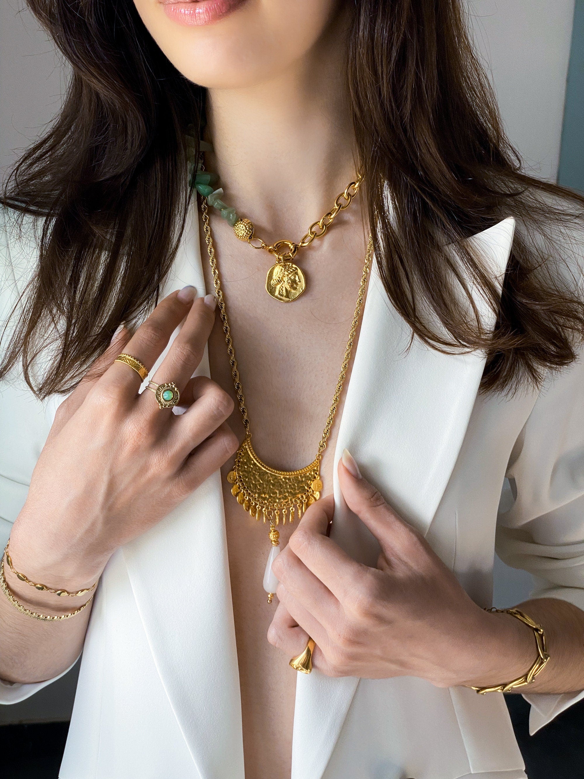 Green aventurine necklace with ancient gold coin, Handmade gift for mum, Gold chain spring clasp necklace, Birthday gift for her, AELLE