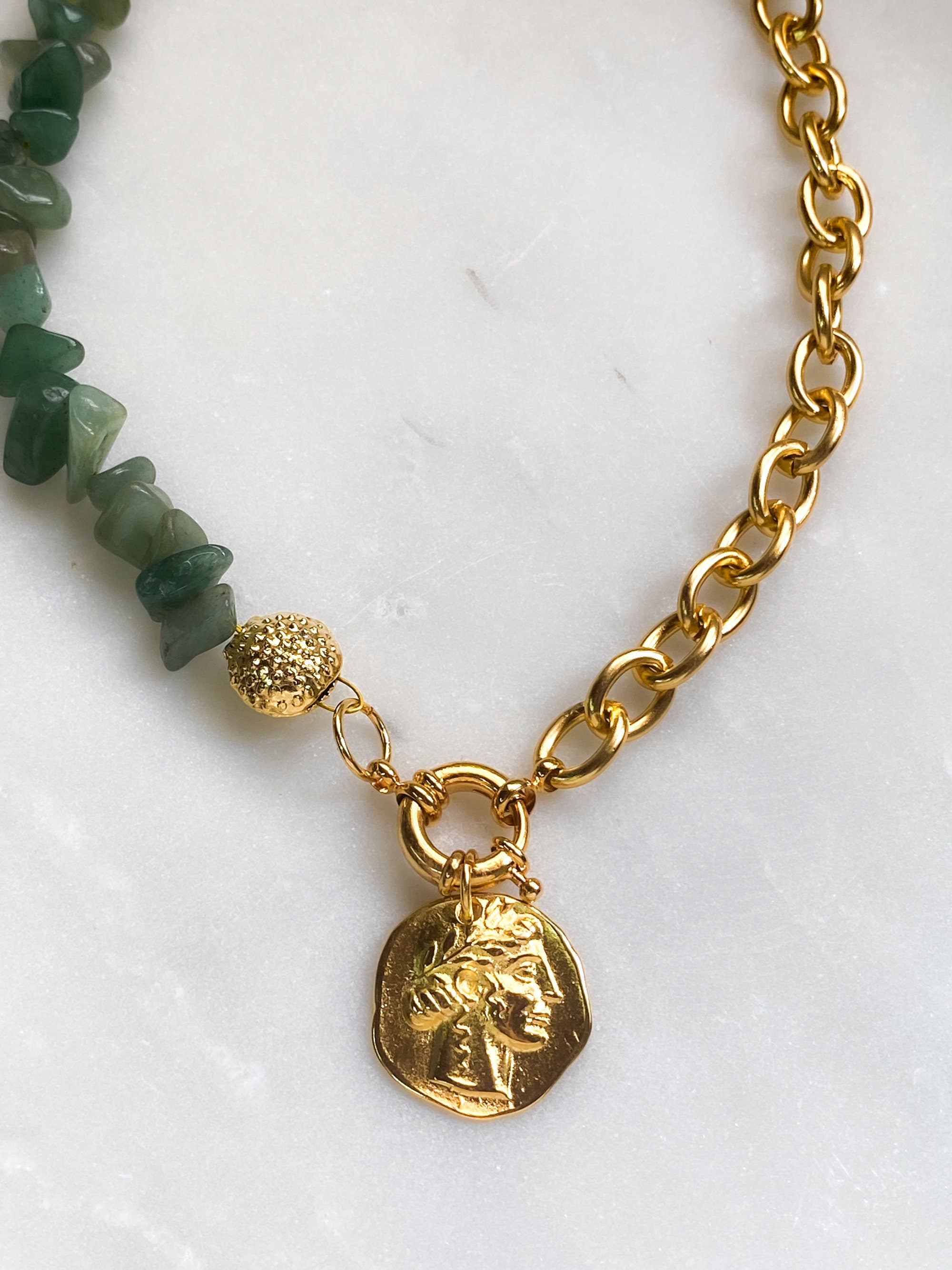 Green aventurine necklace with ancient gold coin, Handmade gift for mum, Gold chain spring clasp necklace, Birthday gift for her, AELLE