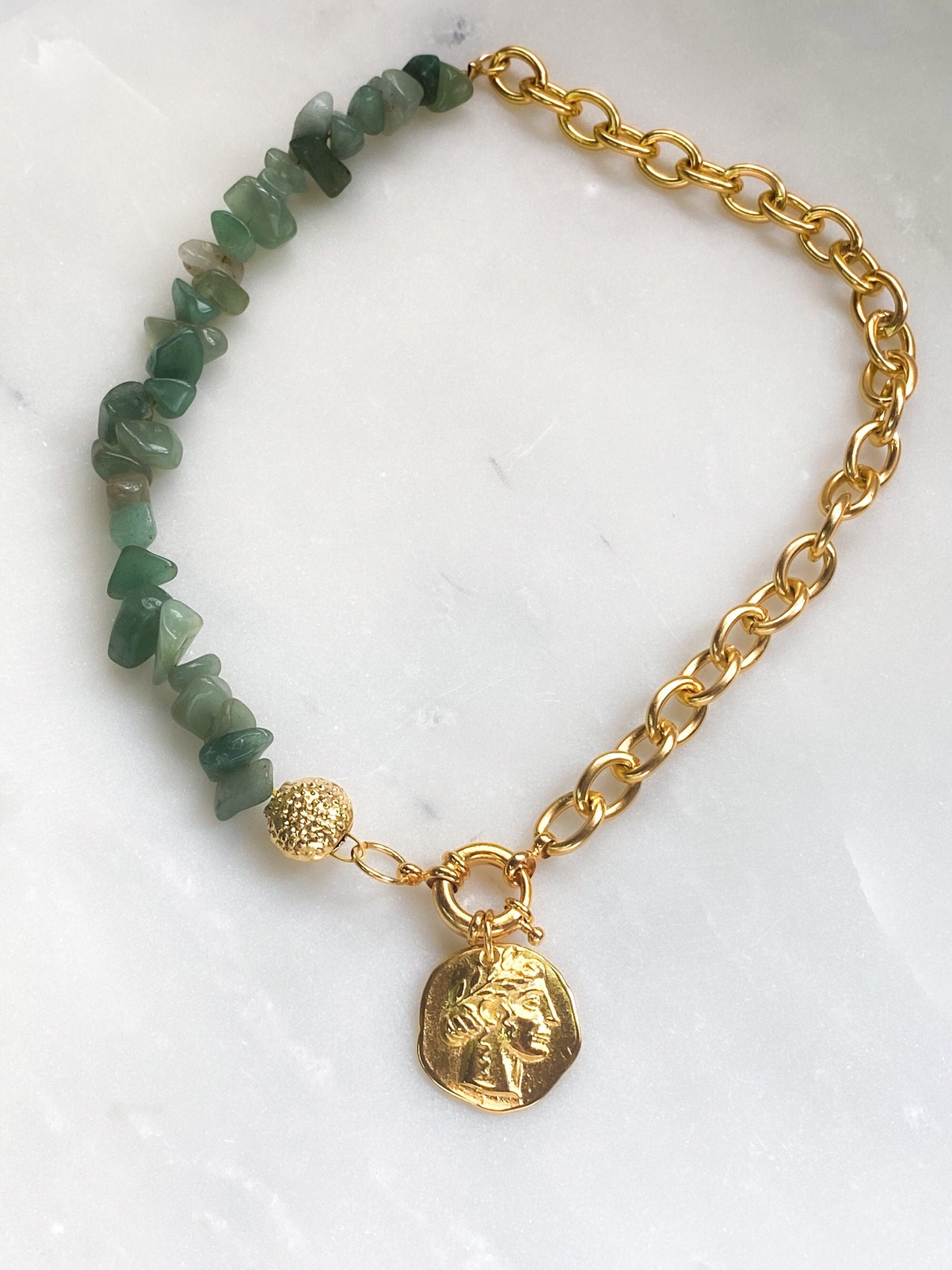 Green aventurine necklace with ancient gold coin, Handmade gift for mum, Gold chain spring clasp necklace, Birthday gift for her, AELLE