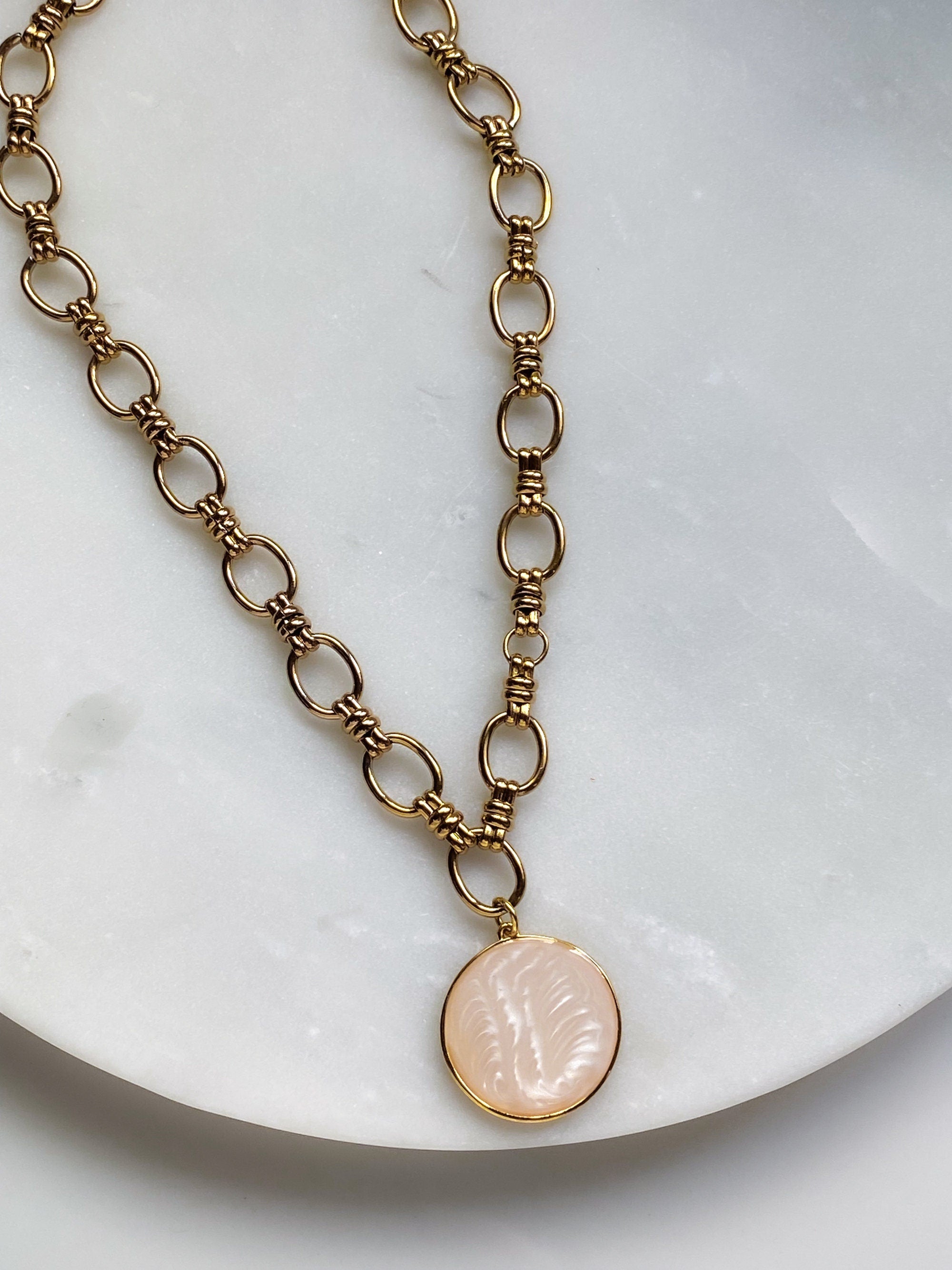 Chunky Chain Necklace with Big Round Charm, White Coin Pendant Necklace, Gold Chain necklace, Anniversary Gift for Her, CYBELIA
