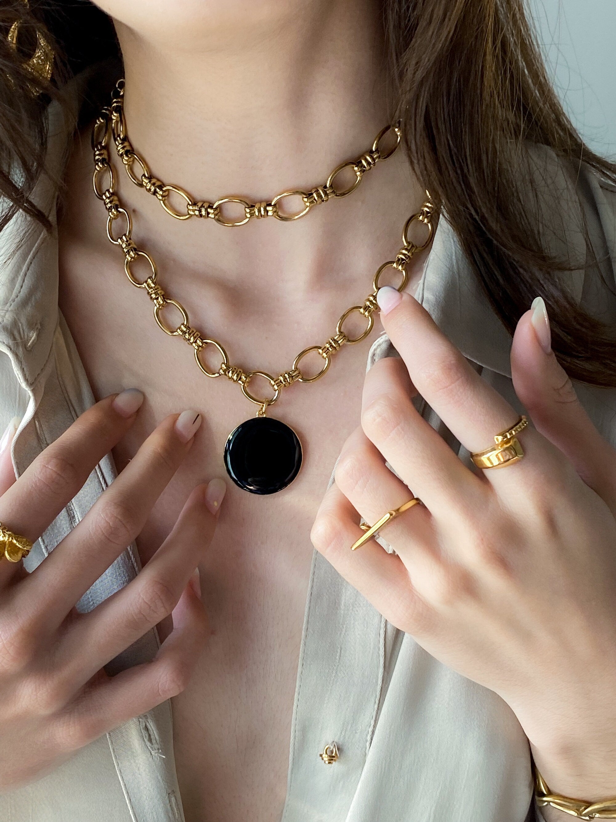 Chunky Chain Necklace with Big Round Charm, White Coin Pendant Necklace, Gold Chain necklace, Anniversary Gift for Her, CYBELIA