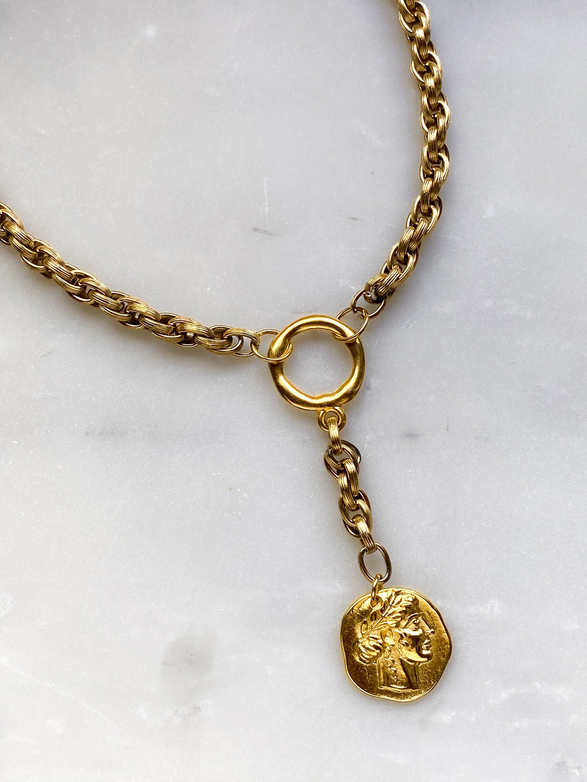 Y Coin Necklace Greek Athena Goddess Coin Pendant Gold Heavy Chain Lariat Necklace Vintage Style Necklace Anniversary Gift for Wife, GAYA