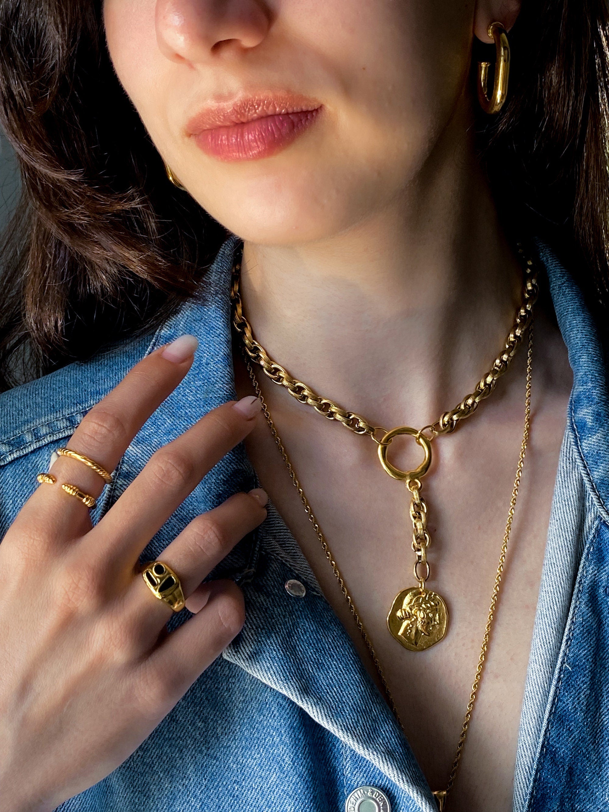 Y Coin Necklace Greek Athena Goddess Coin Pendant Gold Heavy Chain Lariat Necklace Vintage Style Necklace Anniversary Gift for Wife, GAYA