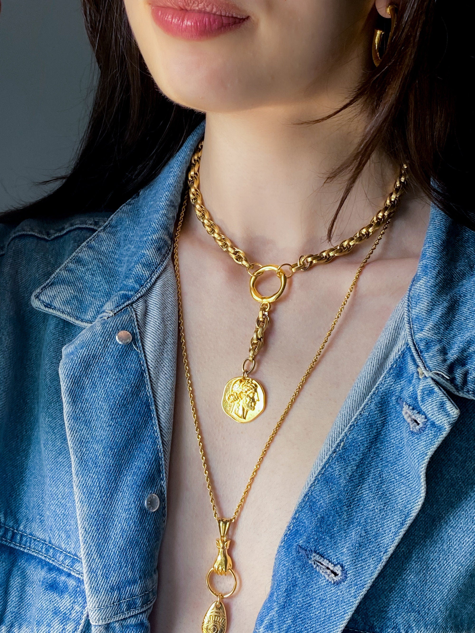 Y Coin Necklace Greek Athena Goddess Coin Pendant Gold Heavy Chain Lariat Necklace Vintage Style Necklace Anniversary Gift for Wife, GAYA