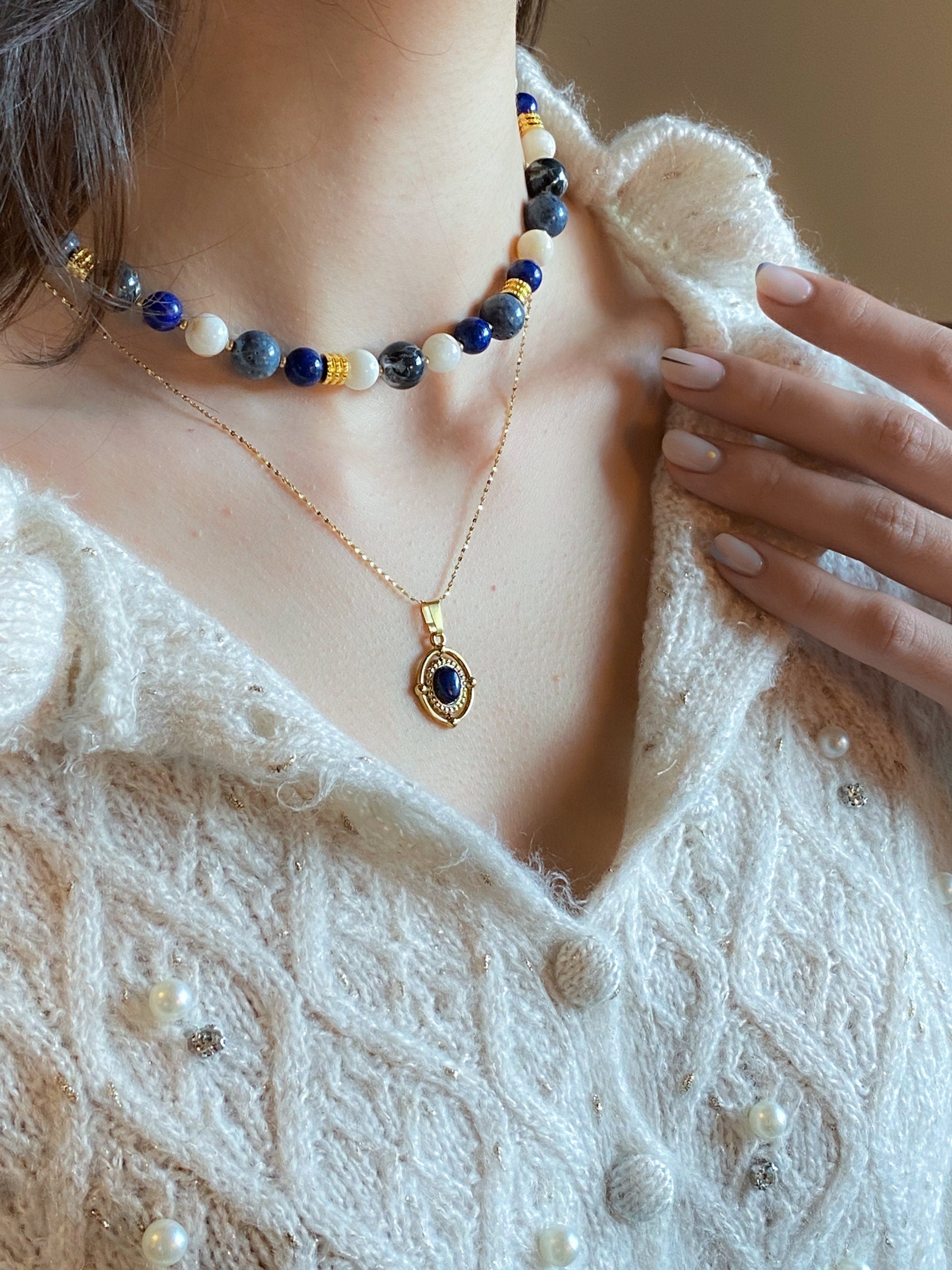 Blue Stone Charm Necklace, Gift for Girlfriend, Dainty Gold Necklace, Vintage style Necklace, Boho Minimalist Pendant necklace, ISMENE