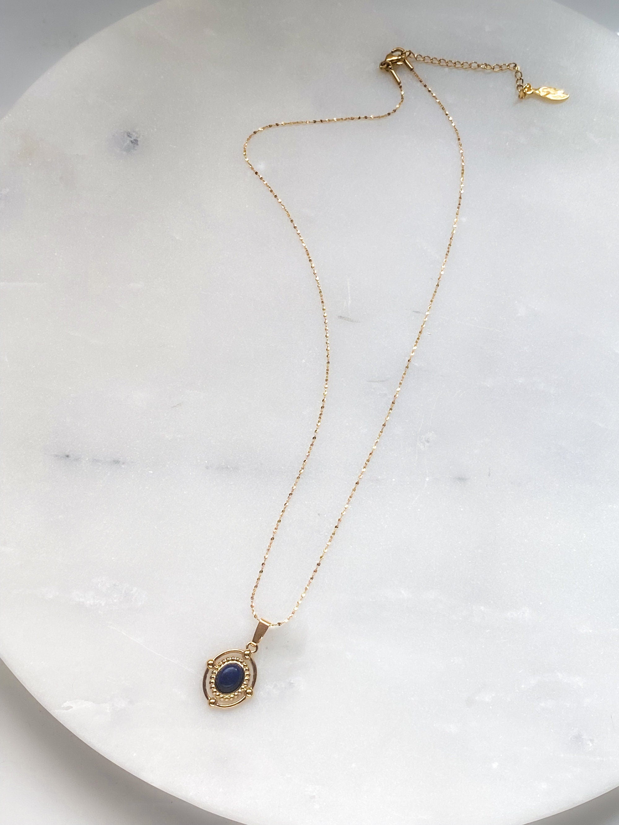 Blue Stone Charm Necklace, Gift for Girlfriend, Dainty Gold Necklace, Vintage style Necklace, Boho Minimalist Pendant necklace, ISMENE