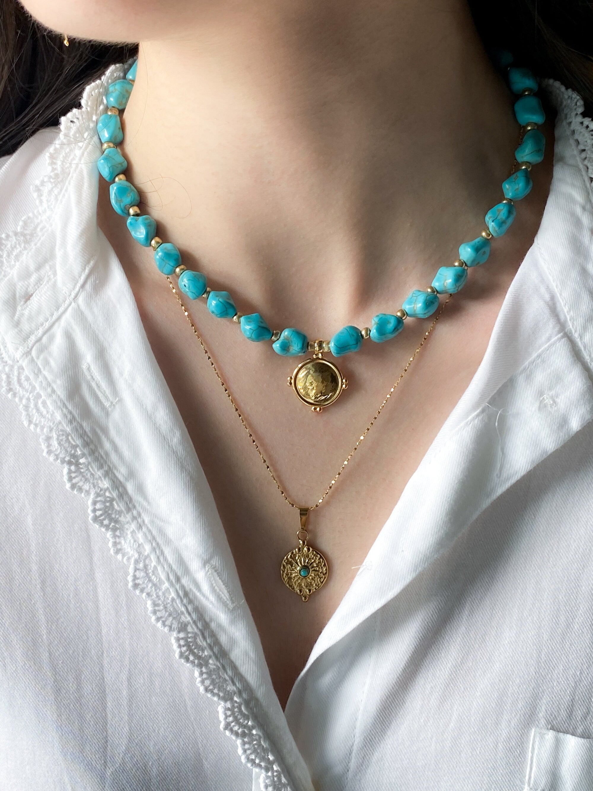 Ancient Style pendant necklace, Turquoise stone Charm Necklace, Dainty Gold chain Necklace, Vintage style necklace, Gift for Mum, ISOLDE