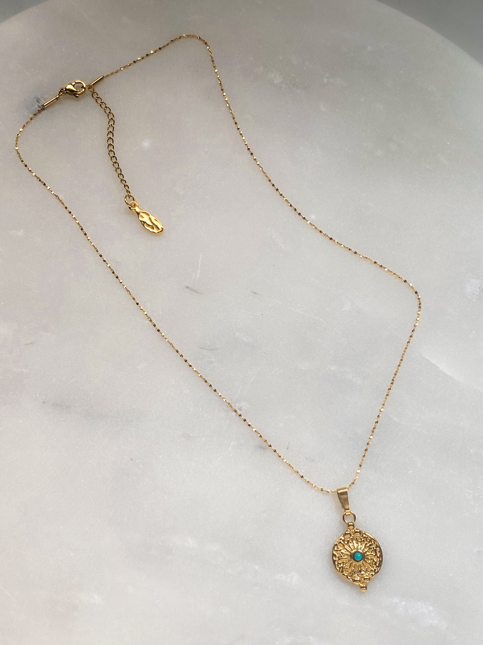 Ancient Style pendant necklace, Turquoise stone Charm Necklace, Dainty Gold chain Necklace, Vintage style necklace, Gift for Mum, ISOLDE