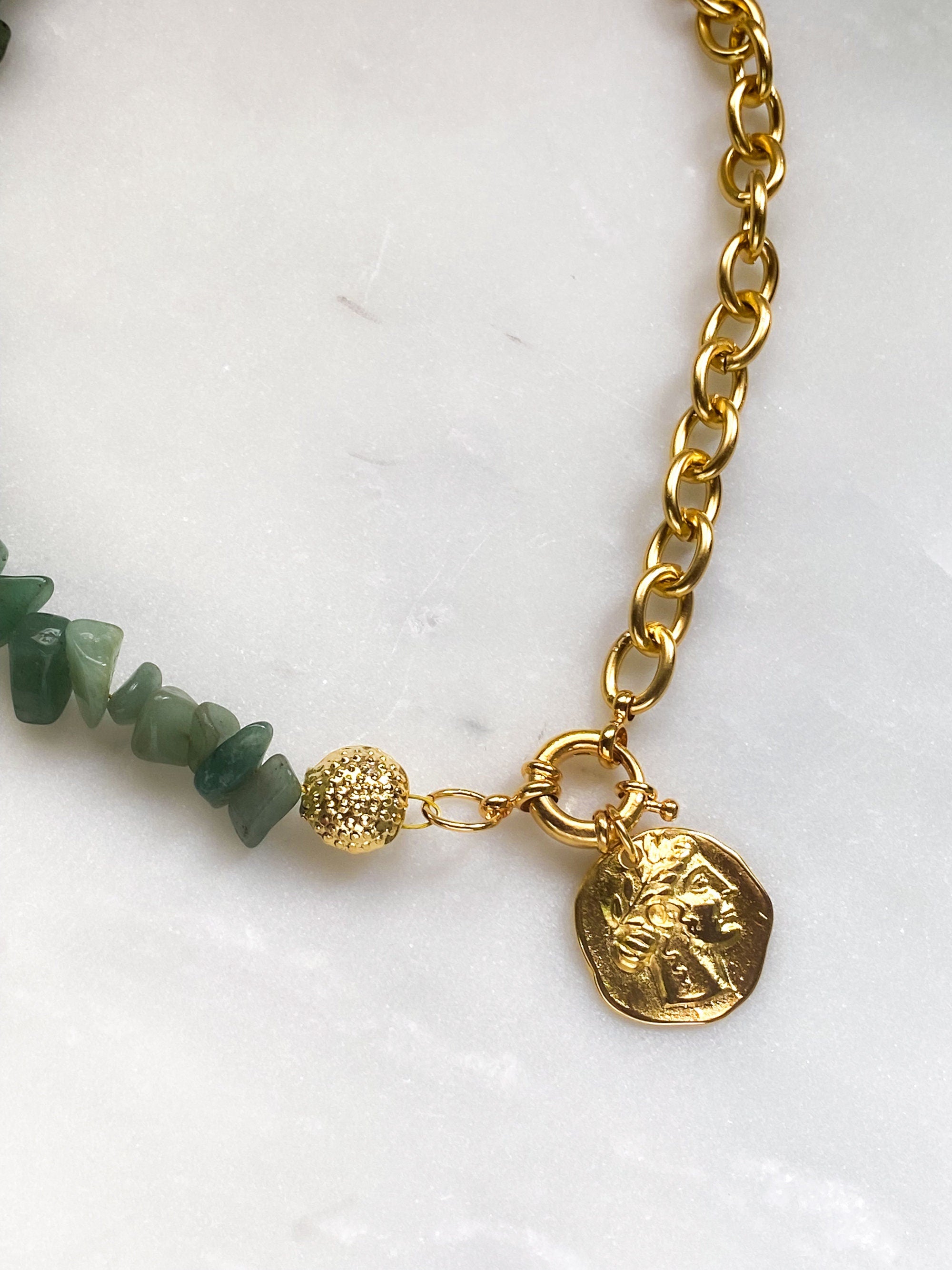 Green aventurine necklace with ancient gold coin, Handmade gift for mum, Gold chain spring clasp necklace, Birthday gift for her, AELLE