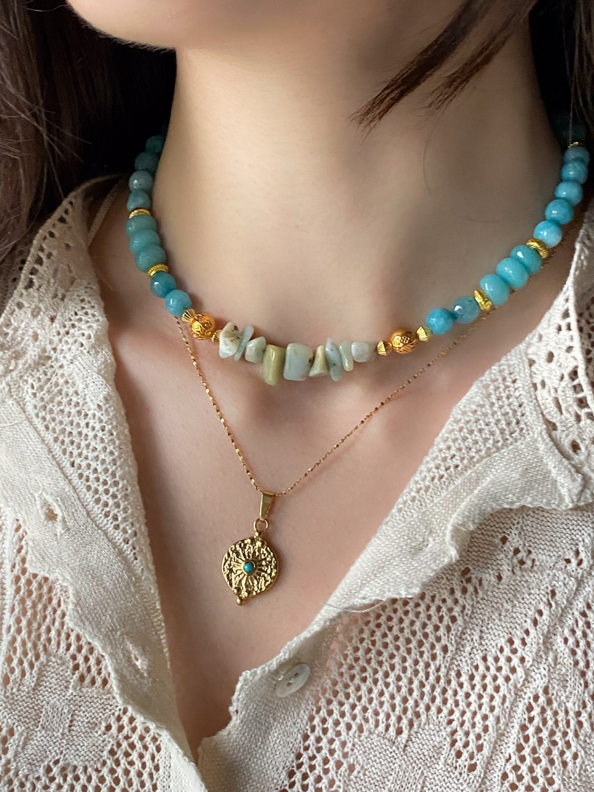 Ancient Style pendant necklace, Turquoise stone Charm Necklace, Dainty Gold chain Necklace, Vintage style necklace, Gift for Mum, ISOLDE
