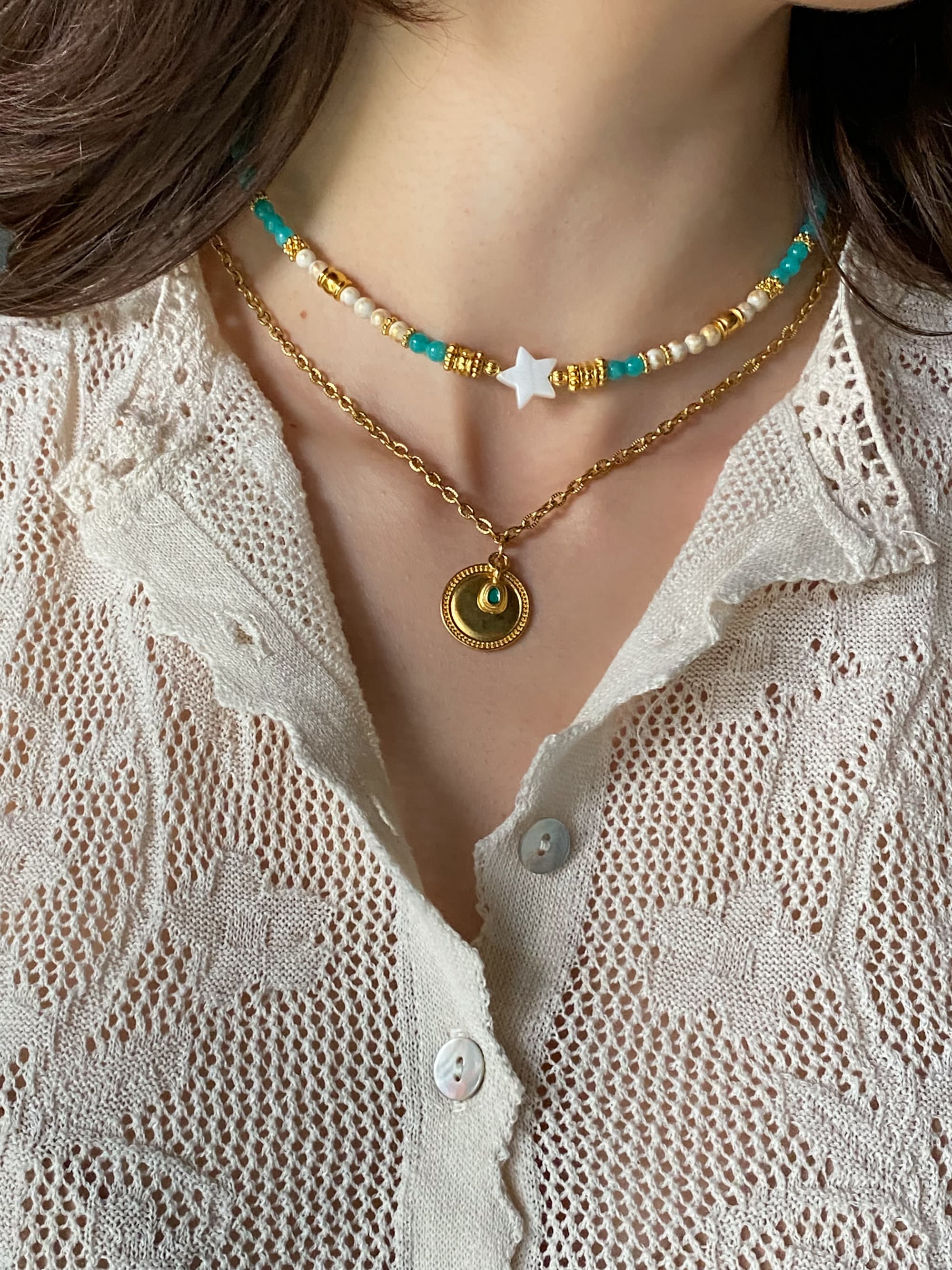 Gold Charm Necklace Boho Chic Chain Necklace Round Pendant Vintage style Christmas Gift, Halskette Medallion, IRENE