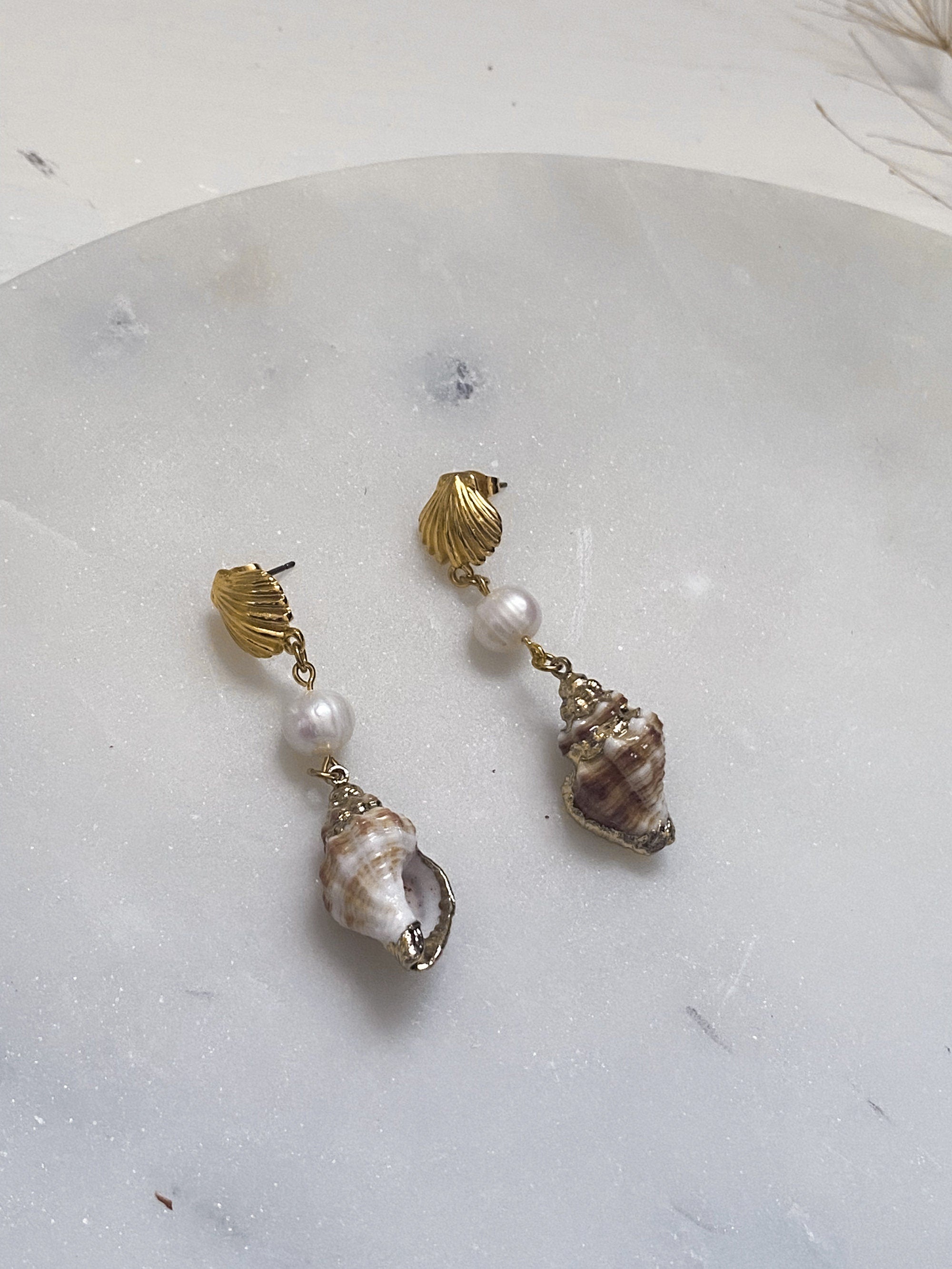Pearl and natural shell earrings, Gold clam shell stud earrings, Siren core aesthetic jewelry, Summer little mermaids, Gift for her, MARINA