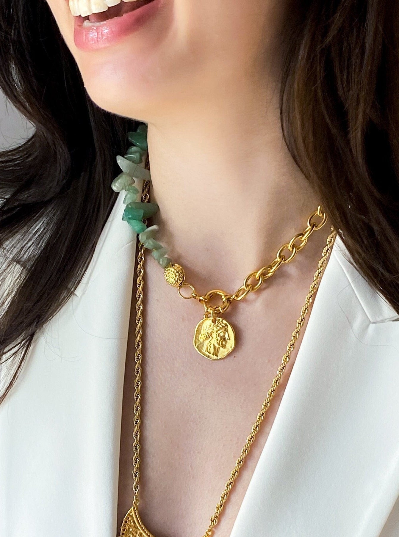 Green aventurine necklace with ancient gold coin, Handmade gift for mum, Gold chain spring clasp necklace, Birthday gift for her, AELLE