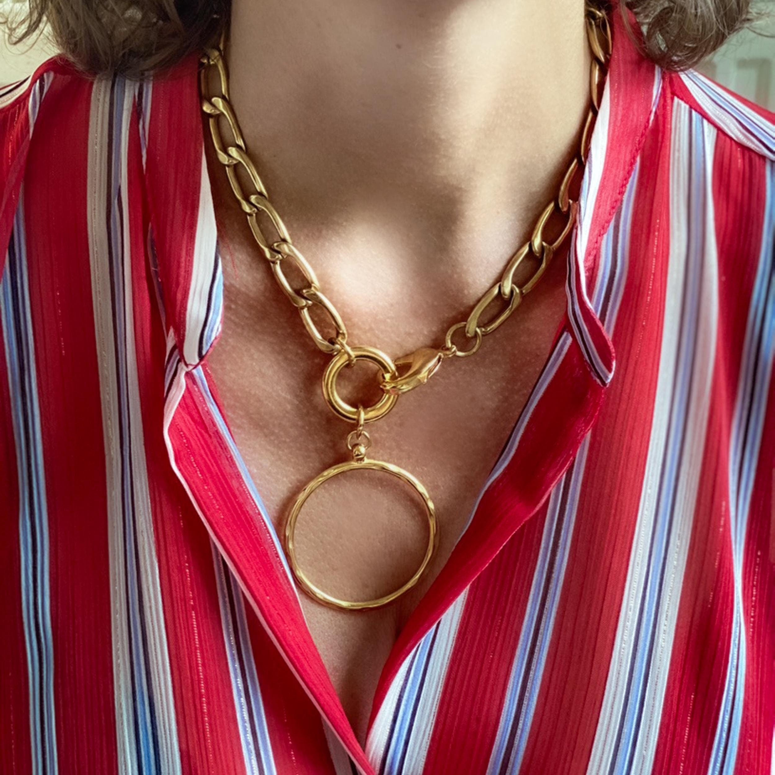 Chunky Chain Necklace with Circle Ring Pendant, Oversize Gold Chain Necklace, Statement Extravagant Necklace, Birthday Gift for Her, AFSAR