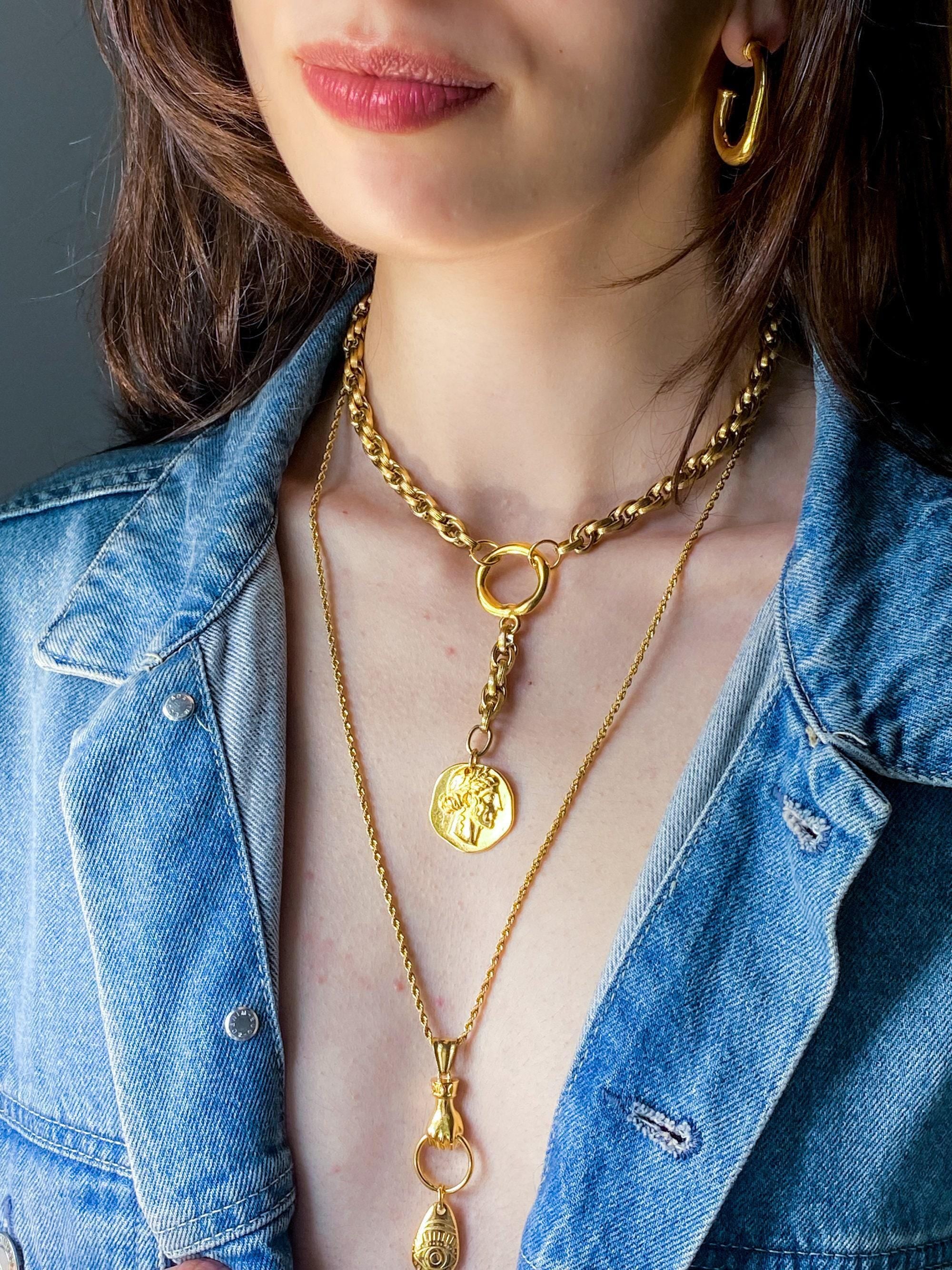 Evil Eye Gold Charm Necklace, Statement Long Chain Necklace with Holding hands, Easy wear Jewelry for work,Anniversary Gift for her, CELENE