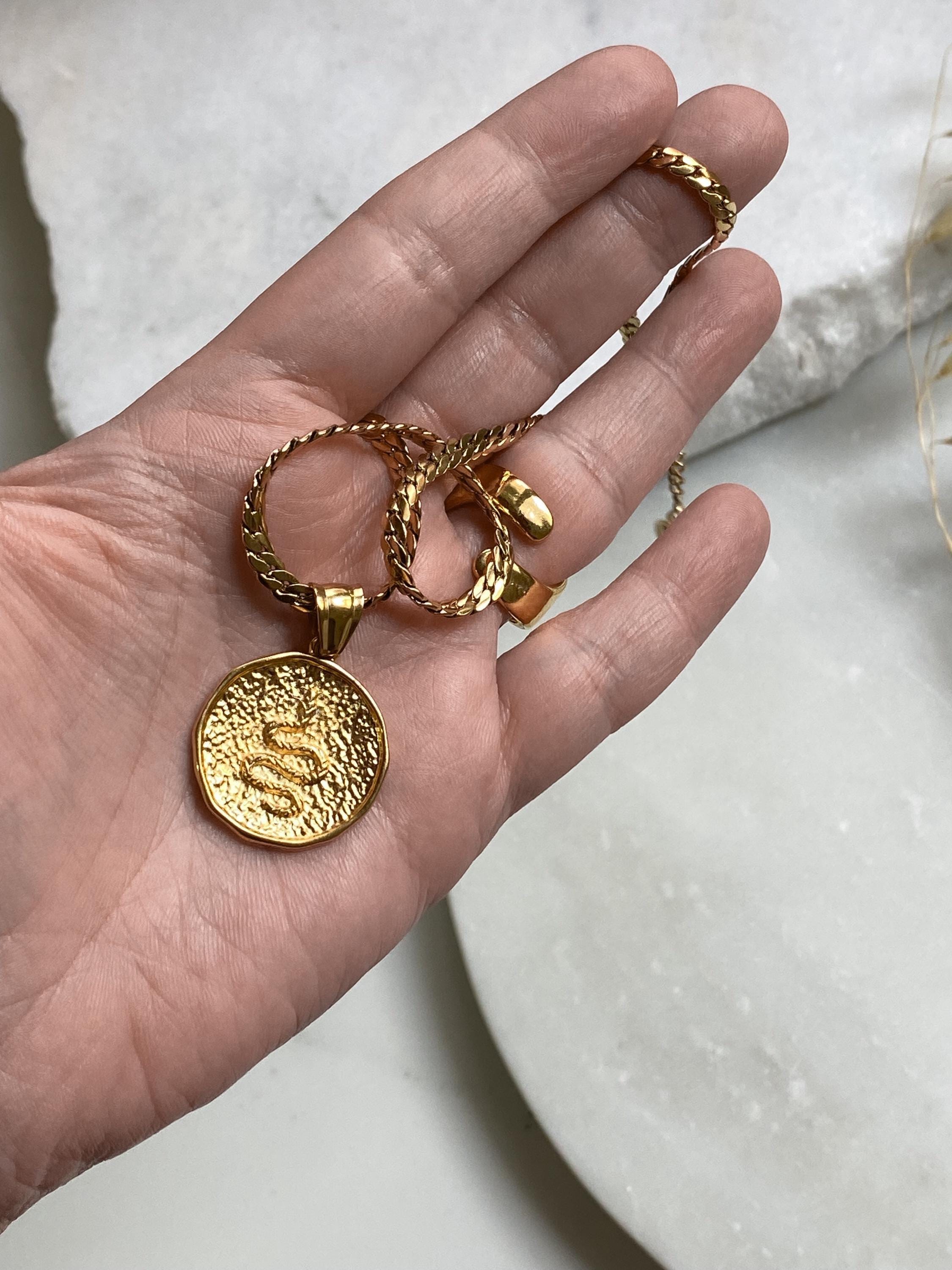 Gold Snake Coin necklace, Medallion Pendant Necklace, Rock style Pendant, Vintage style Necklace, Birthday Gift for Girlfriend, SNAKE