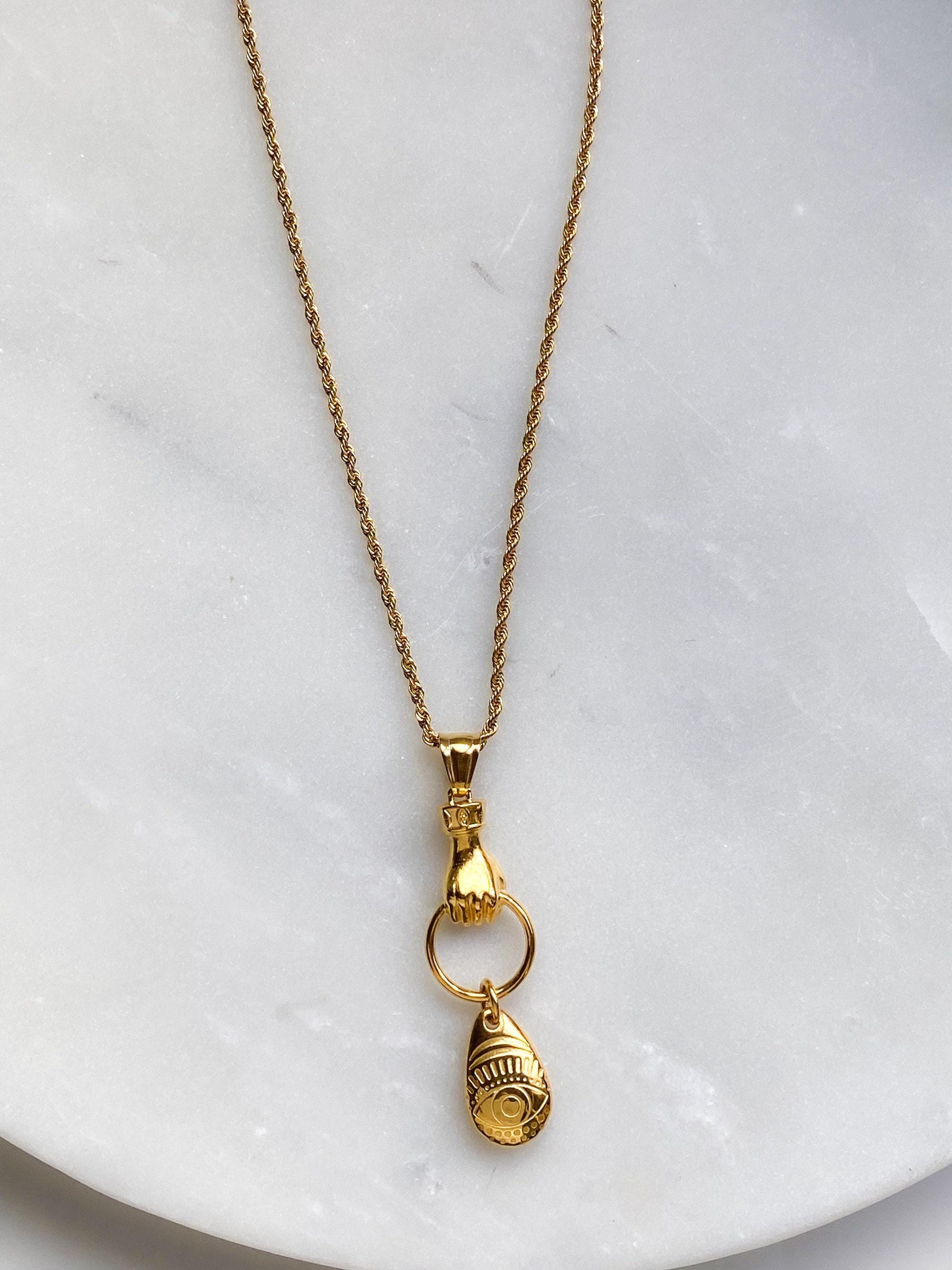 Evil Eye Gold Charm Necklace, Statement Long Chain Necklace with Holding hands, Easy wear Jewelry for work,Anniversary Gift for her, CELENE
