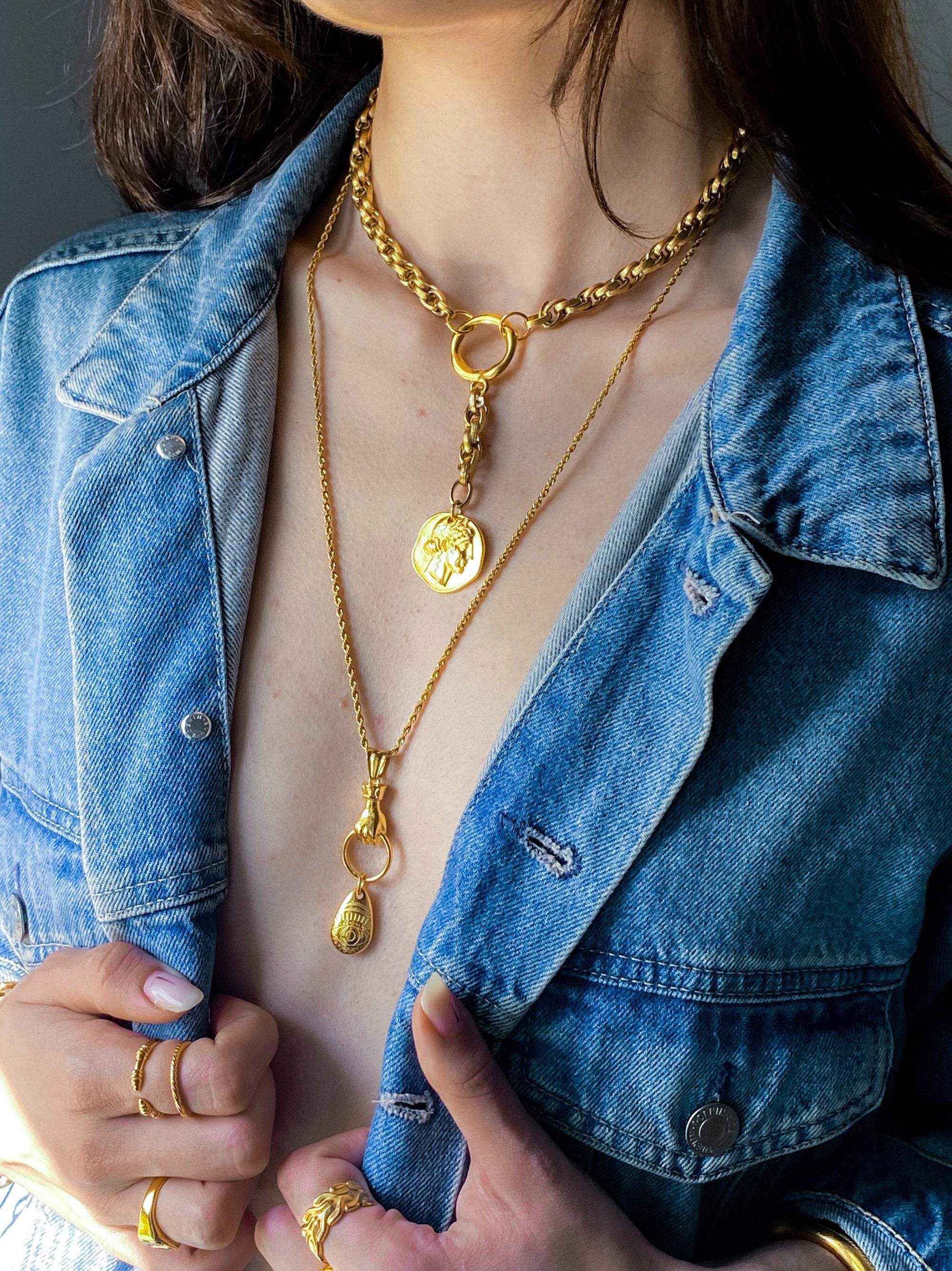 Evil Eye Gold Charm Necklace, Statement Long Chain Necklace with Holding hands, Easy wear Jewelry for work,Anniversary Gift for her, CELENE