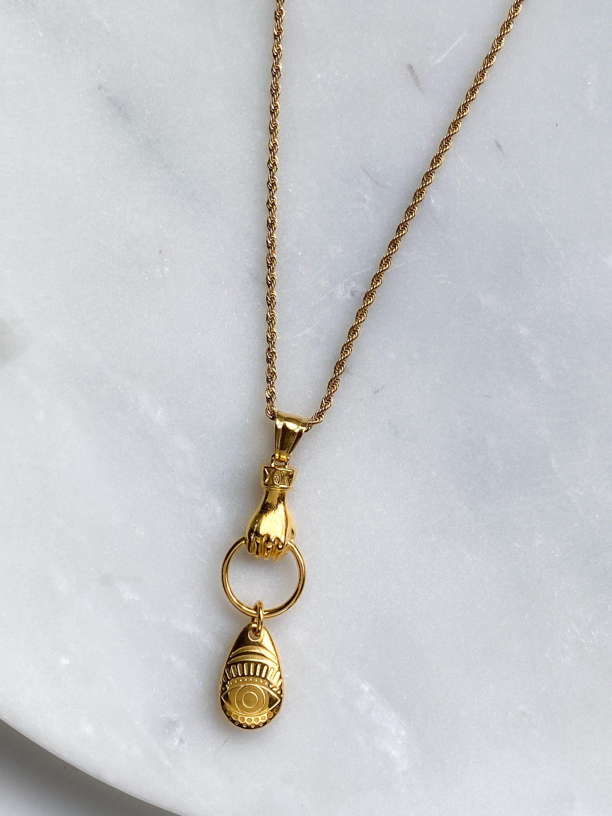 Evil Eye Gold Charm Necklace, Statement Long Chain Necklace with Holding hands, Easy wear Jewelry for work,Anniversary Gift for her, CELENE