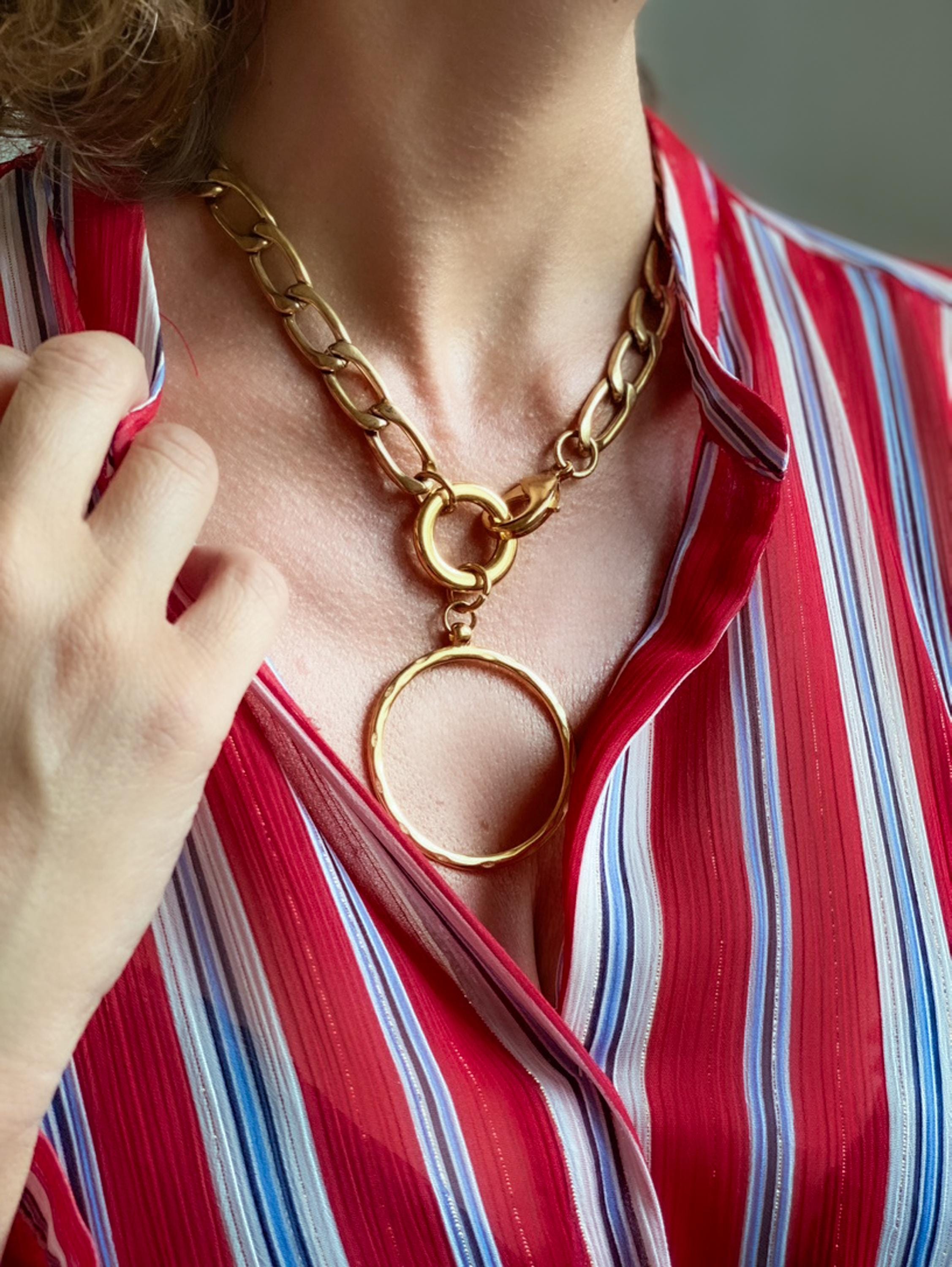 Chunky Chain Necklace with Circle Ring Pendant, Oversize Gold Chain Necklace, Statement Extravagant Necklace, Birthday Gift for Her, AFSAR