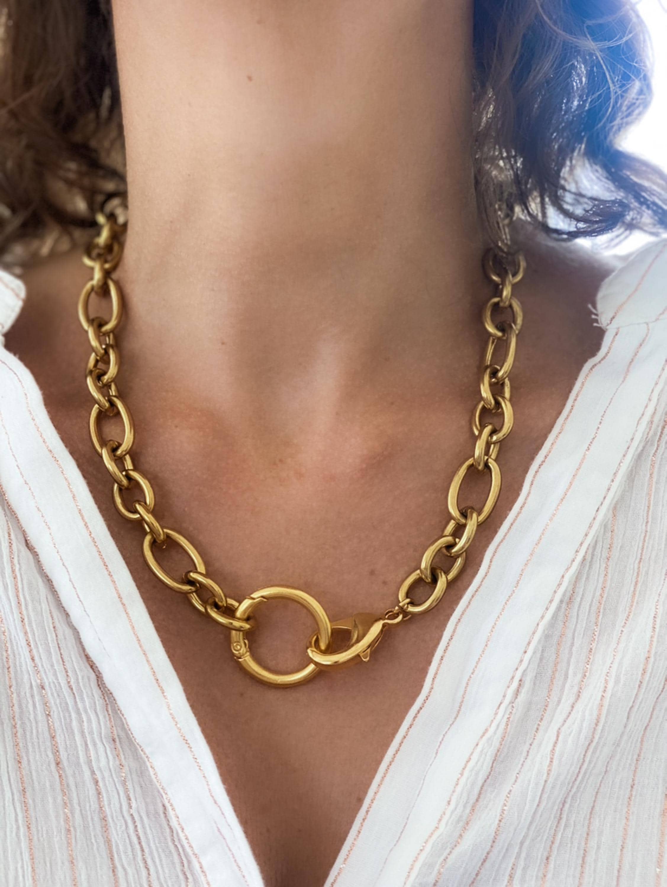 Gold Chunky Chain Necklace, O Ring chain Necklace, Modern Rock style Necklace, Industrial Statement Necklace, Anniversary Gift for Her, IMAN