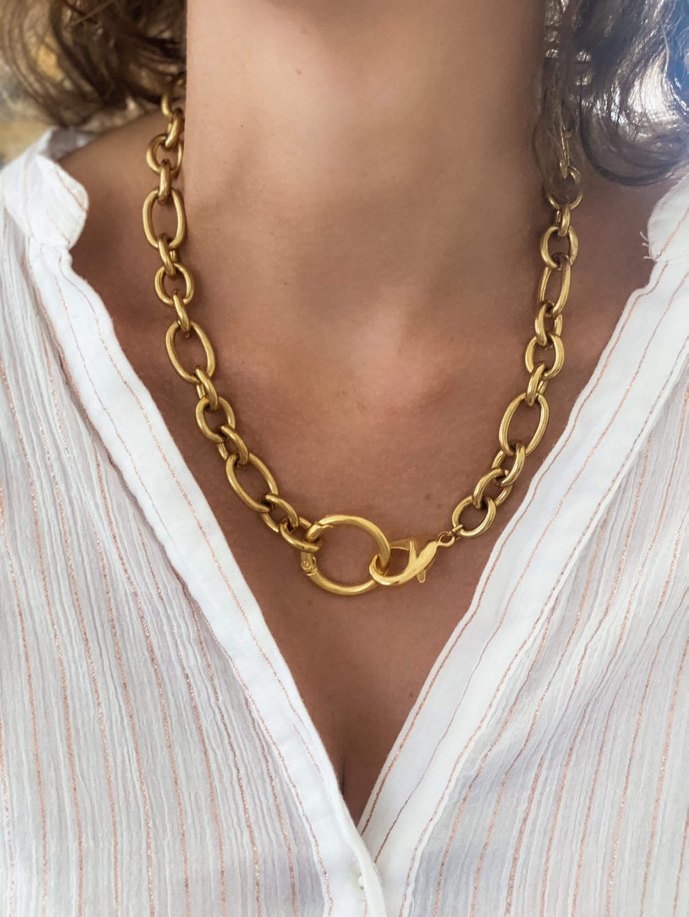 Gold Chunky Chain Necklace, O Ring chain Necklace, Modern Rock style Necklace, Industrial Statement Necklace, Anniversary Gift for Her, IMAN