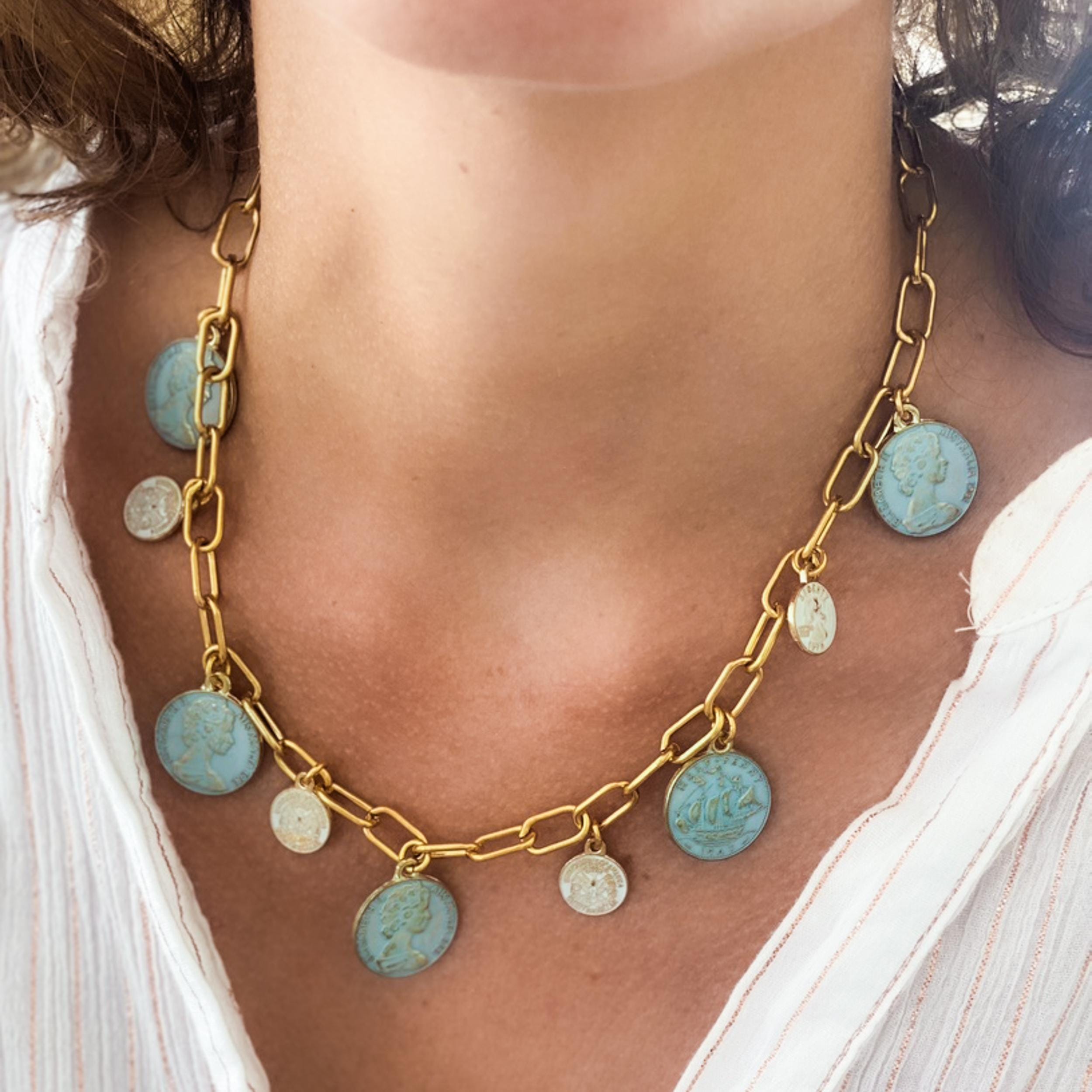 Vintage Style Charm Choker, Antique Gold Coin Necklace, Chunky Coin Pendant Medallion, Statement Paperclip Chain, Gift for her, MALKA