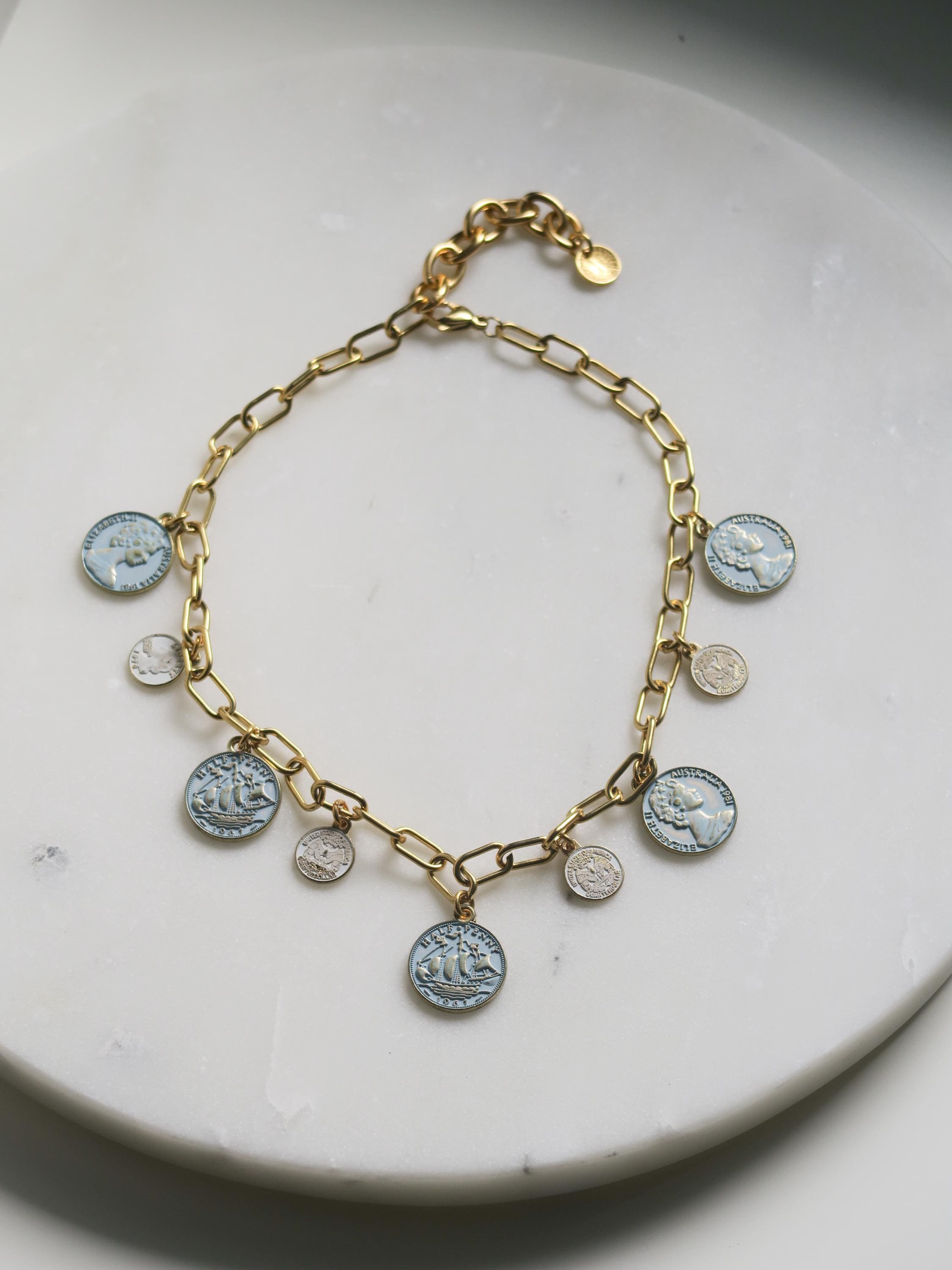 Vintage Style Charm Choker, Antique Gold Coin Necklace, Chunky Coin Pendant Medallion, Statement Paperclip Chain, Gift for her, MALKA