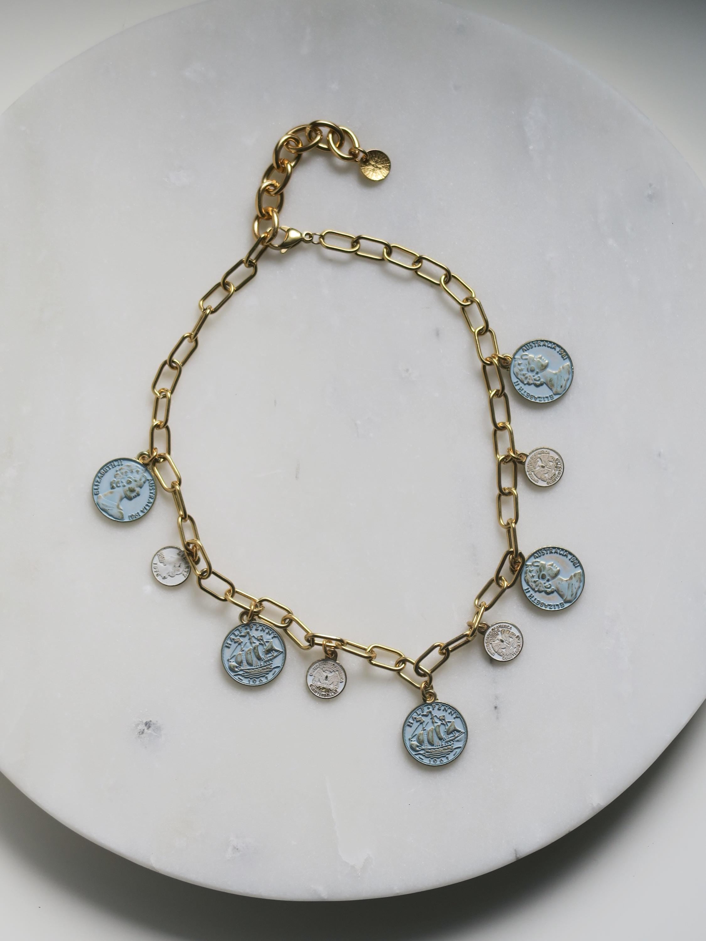 Vintage Style Charm Choker, Antique Gold Coin Necklace, Chunky Coin Pendant Medallion, Statement Paperclip Chain, Gift for her, MALKA