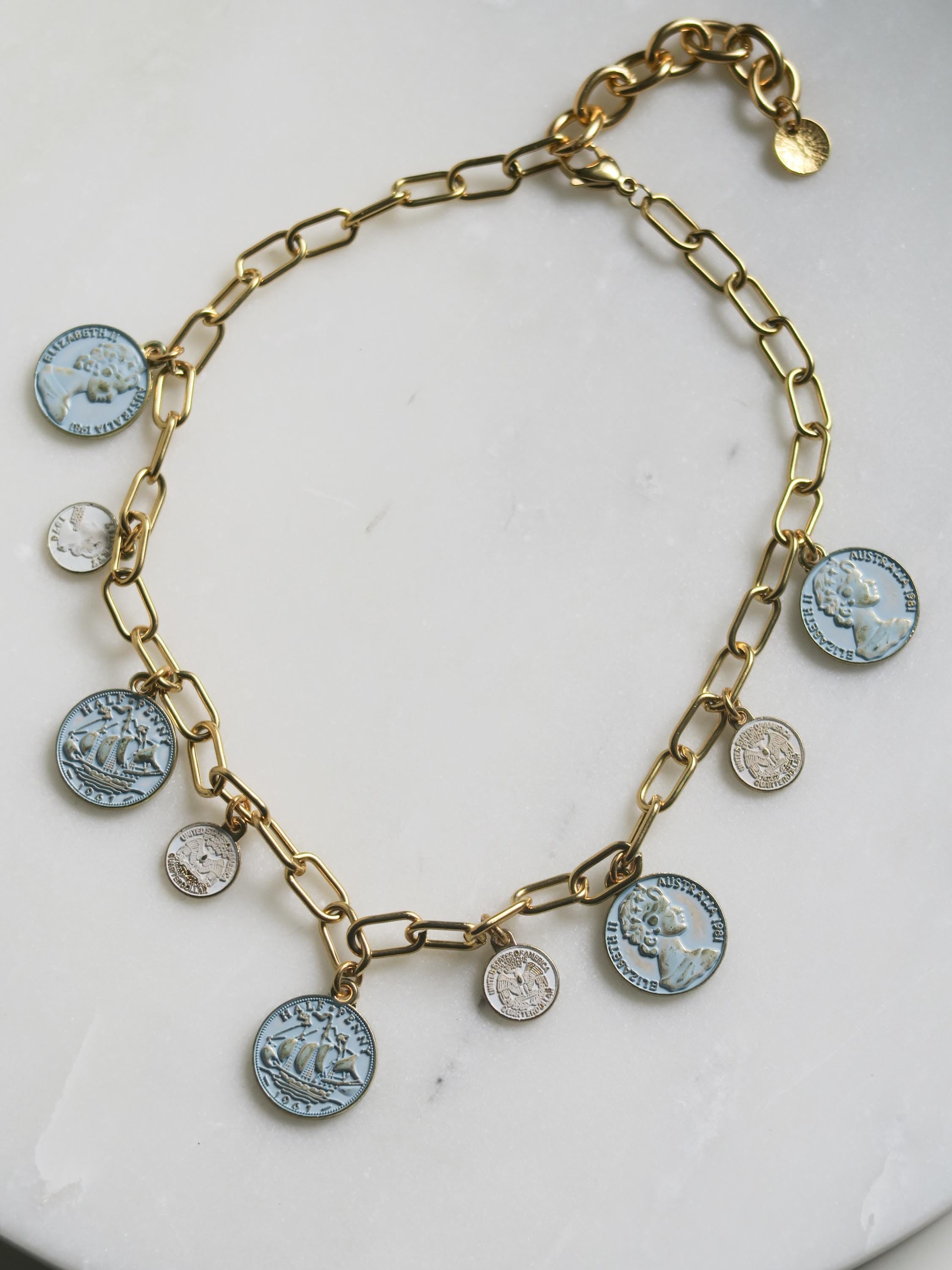 Vintage Style Charm Choker, Antique Gold Coin Necklace, Chunky Coin Pendant Medallion, Statement Paperclip Chain, Gift for her, MALKA