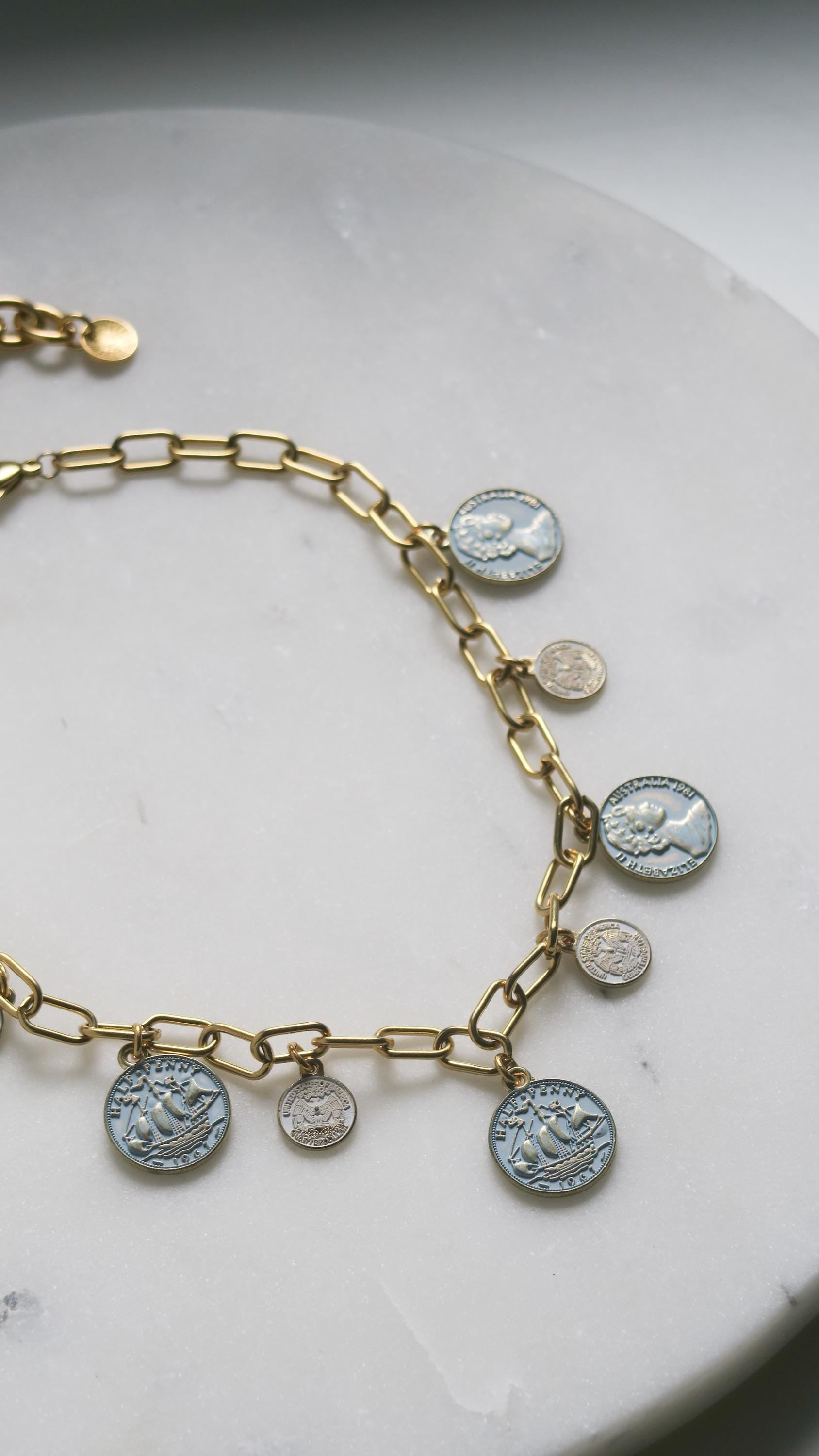 Vintage Style Charm Choker, Antique Gold Coin Necklace, Chunky Coin Pendant Medallion, Statement Paperclip Chain, Gift for her, MALKA