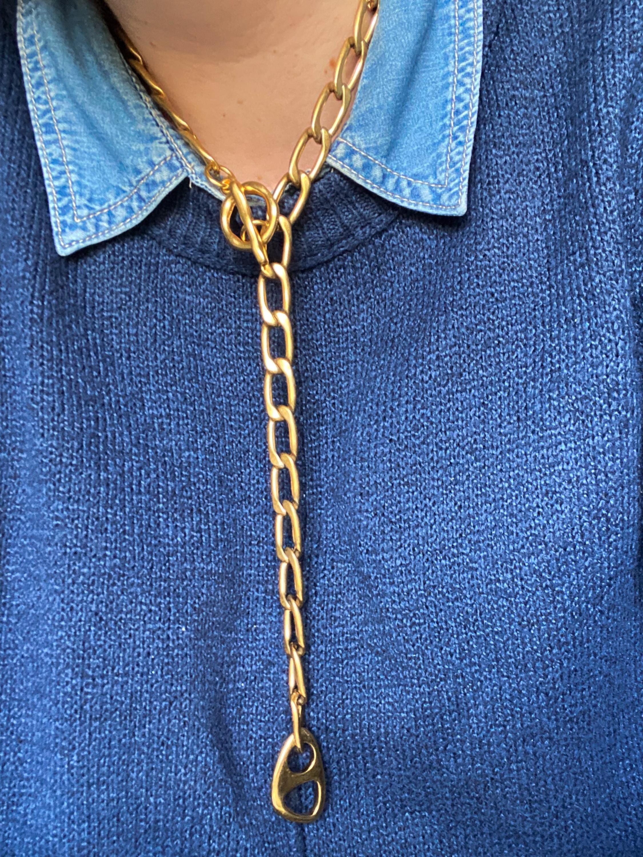 Chunky Gold Chain Lariat, Long Y Necklace with Geometric Pendant, Bold chunky chain Necklace Industrial style, Anniversary Gift for Her, ARA