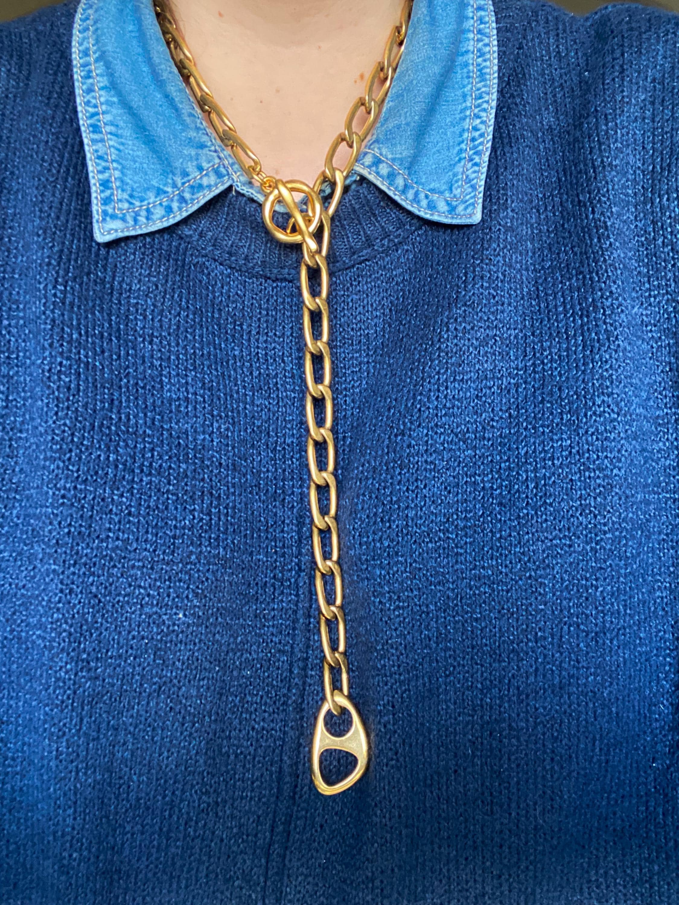 Chunky Gold Chain Lariat, Long Y Necklace with Geometric Pendant, Bold chunky chain Necklace Industrial style, Anniversary Gift for Her, ARA