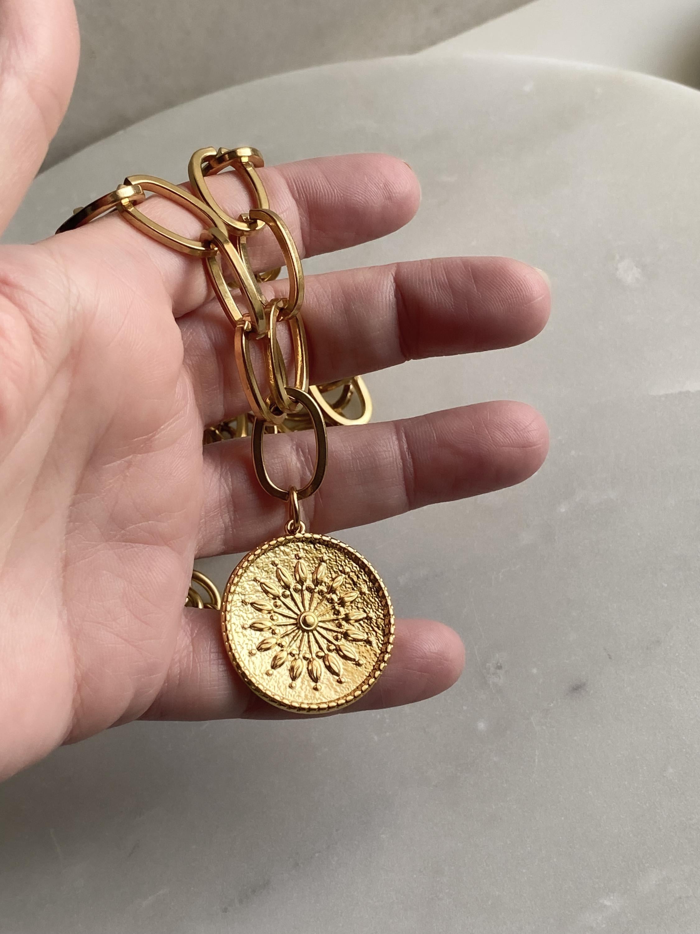 Sun Coin Pendant Necklace, Gold Chunky Chain Necklace, Rock style Necklace, Industrial Statement Necklace, Anniversary Gift for Her, SOLEIL