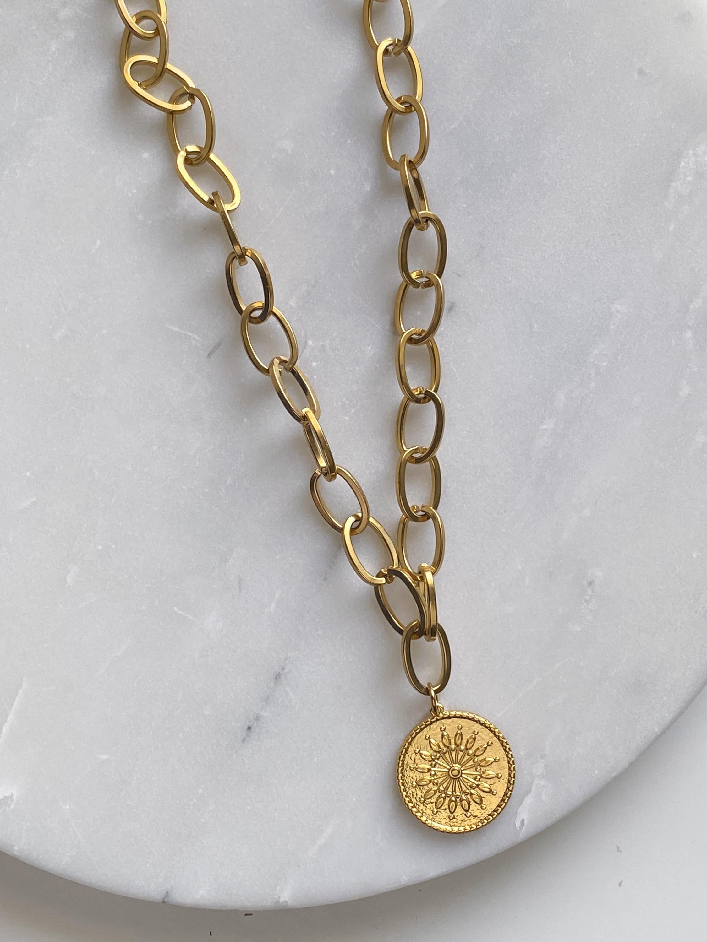 Sun Coin Pendant Necklace, Gold Chunky Chain Necklace, Rock style Necklace, Industrial Statement Necklace, Anniversary Gift for Her, SOLEIL